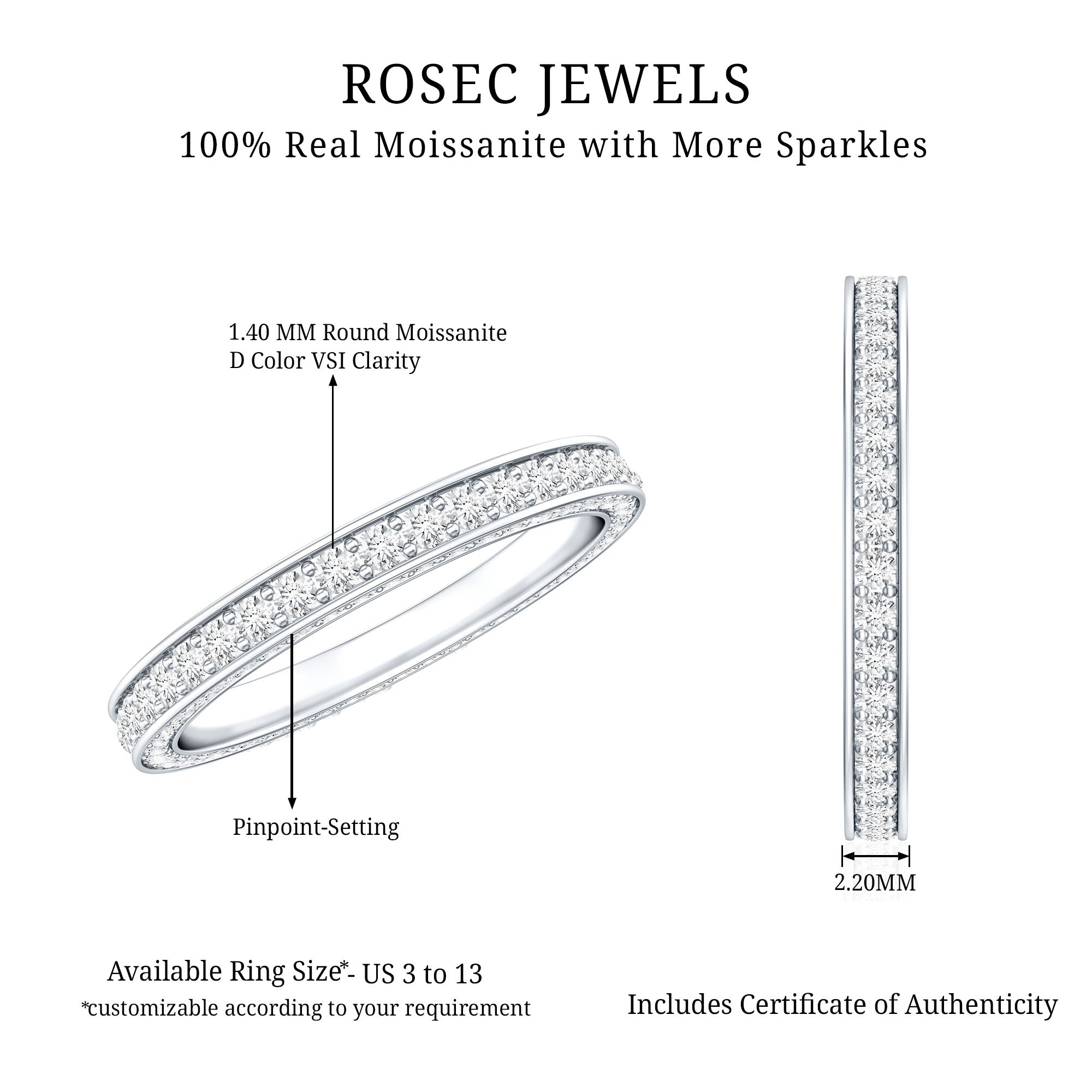 Round Cut Moissanite Full Eternity Wedding Band Ring D-VS1 - Rosec Jewels