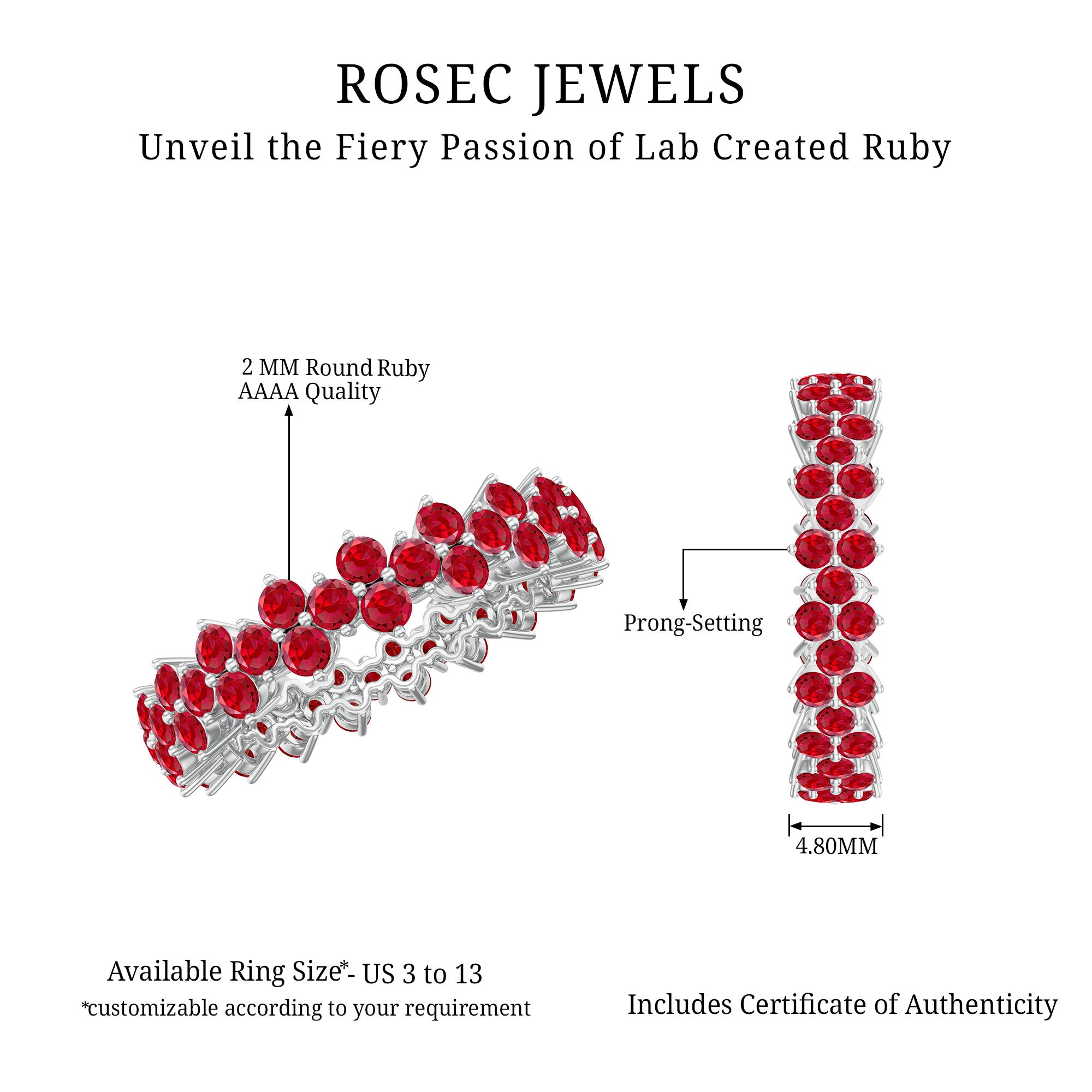 Rosec Jewels-Round Lab Created Ruby Cluster Eternity Ring in Prong Setting