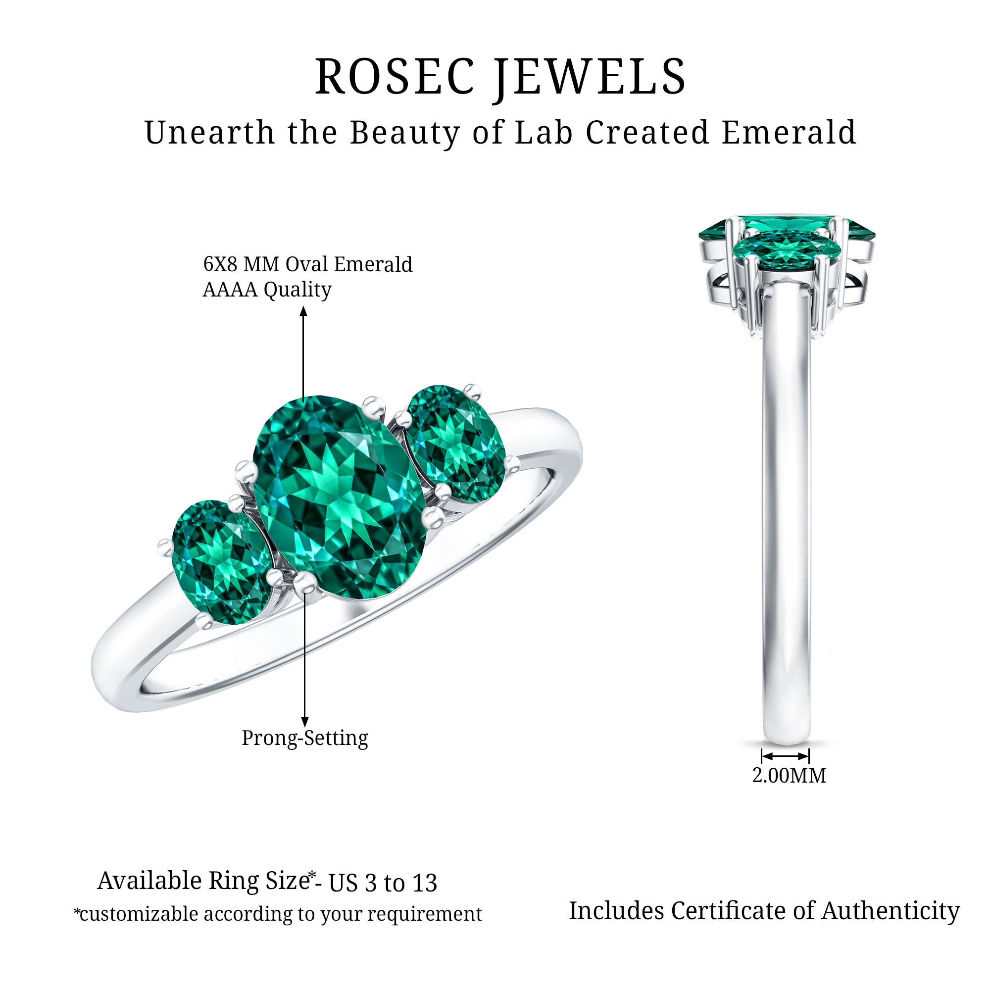 AAAA Quality Oval Cut Lab Created Emerald Three Stone Ring for Women AAAA - Rosec Jewels
