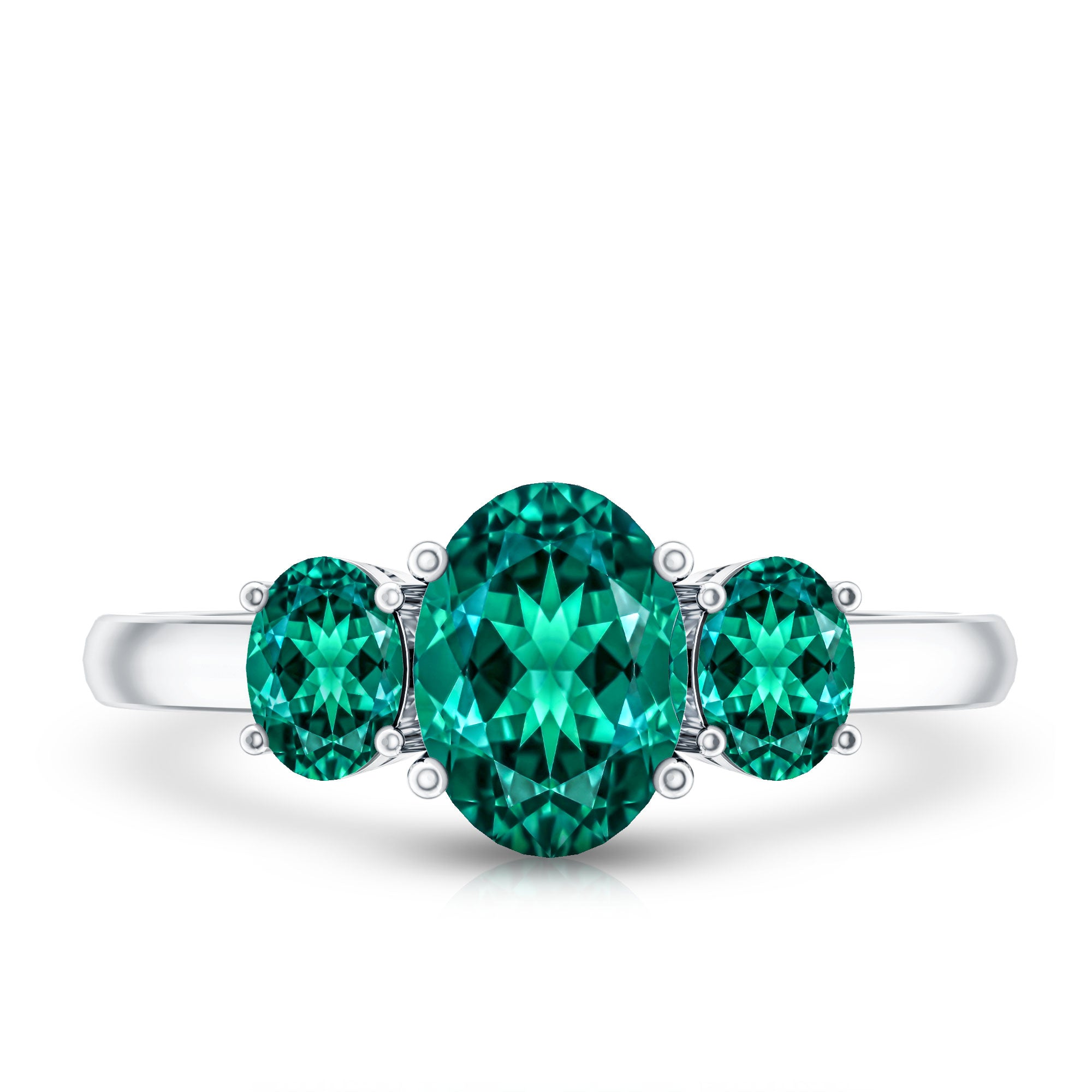 AAAA Quality Oval Cut Lab Created Emerald Three Stone Ring for Women AAAA - Rosec Jewels