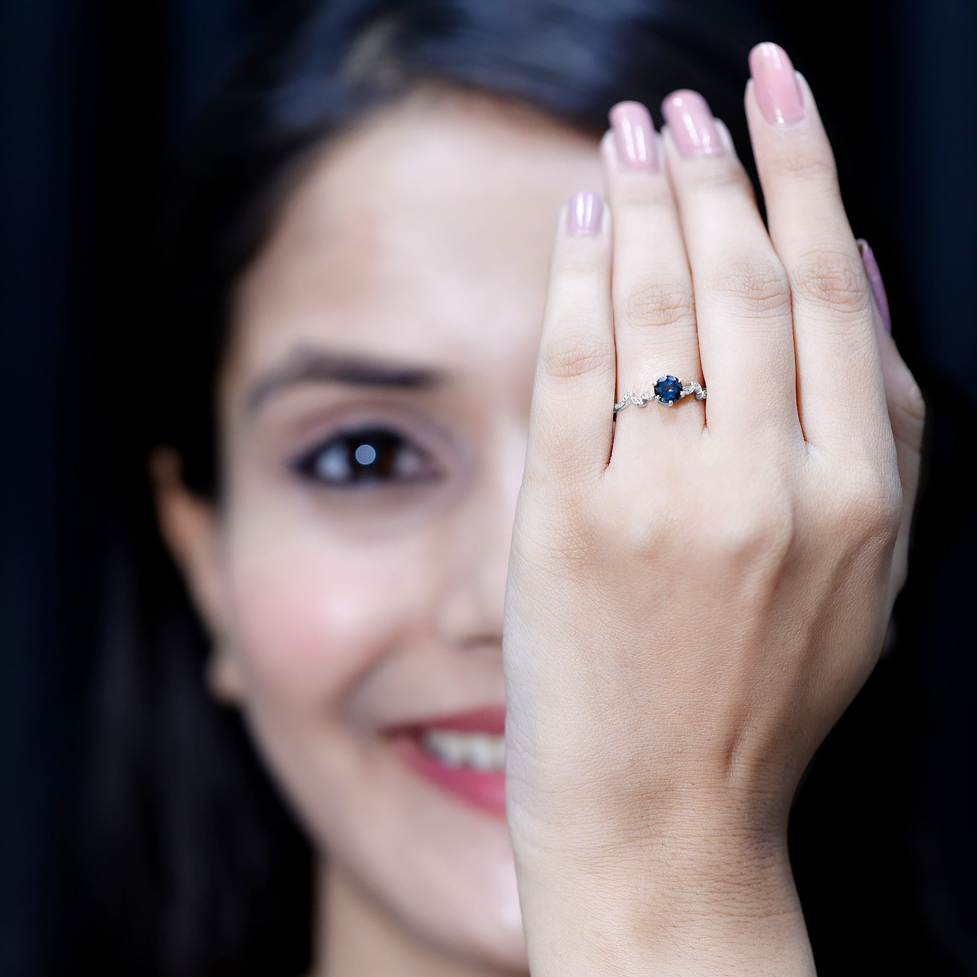 5mm Round London Blue Topaz Commitment Ring with Diamond AAA - Rosec Jewels