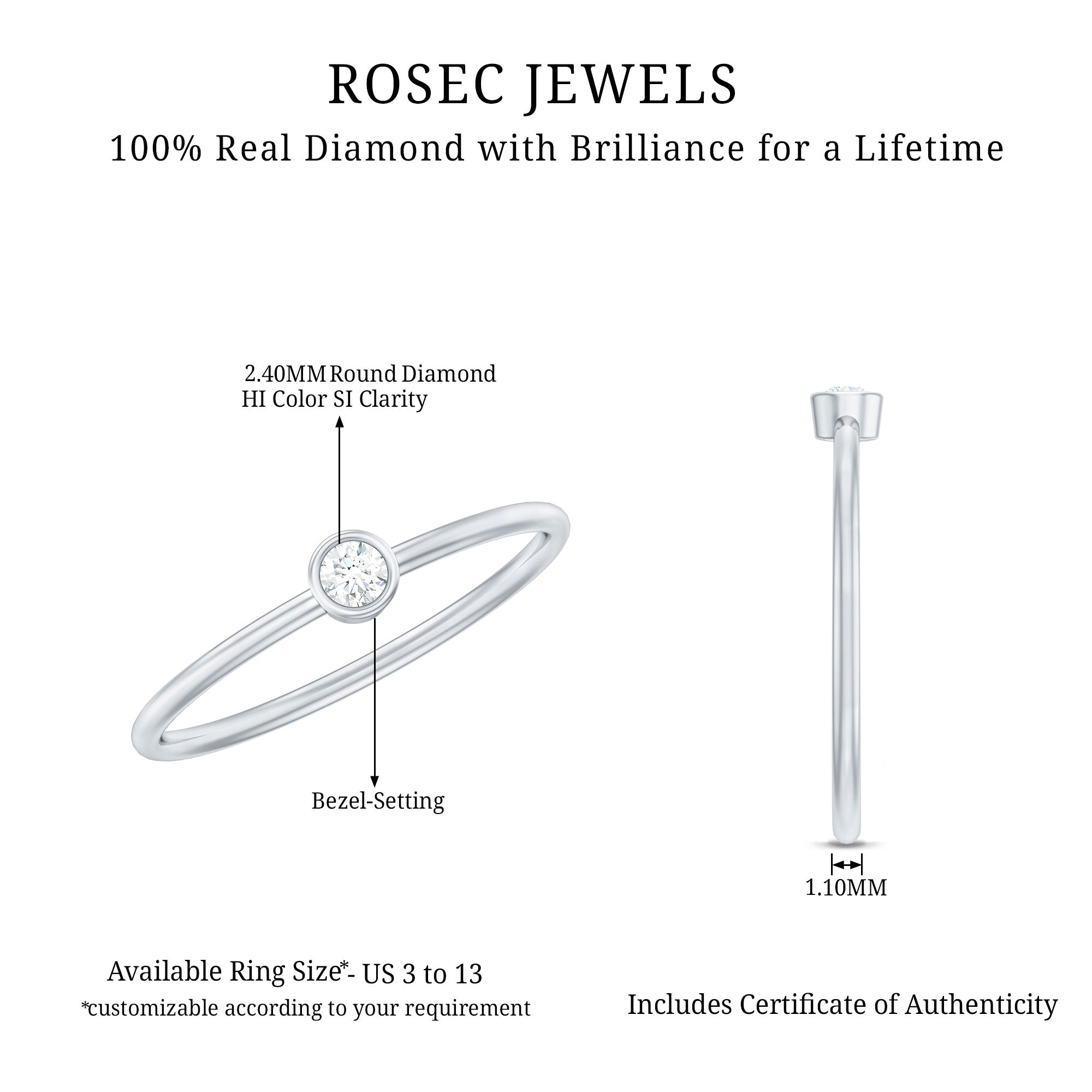 Natural Diamond Dainty Promise Ring in Bezel Setting Natural - ( HI-SI ) - Rosec Jewels