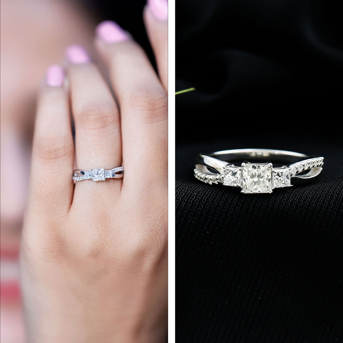 Princess Cut Moissanite Three Stone Engagement Ring D-VS1 - Rosec Jewels