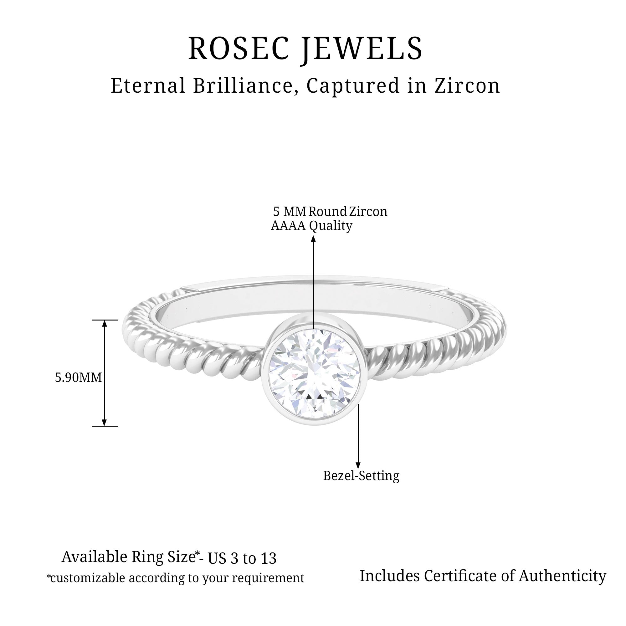 1/2 CT Bezel Set Zircon Solitaire Minimal Ring with Twisted Rope Details AAAA - Rosec Jewels