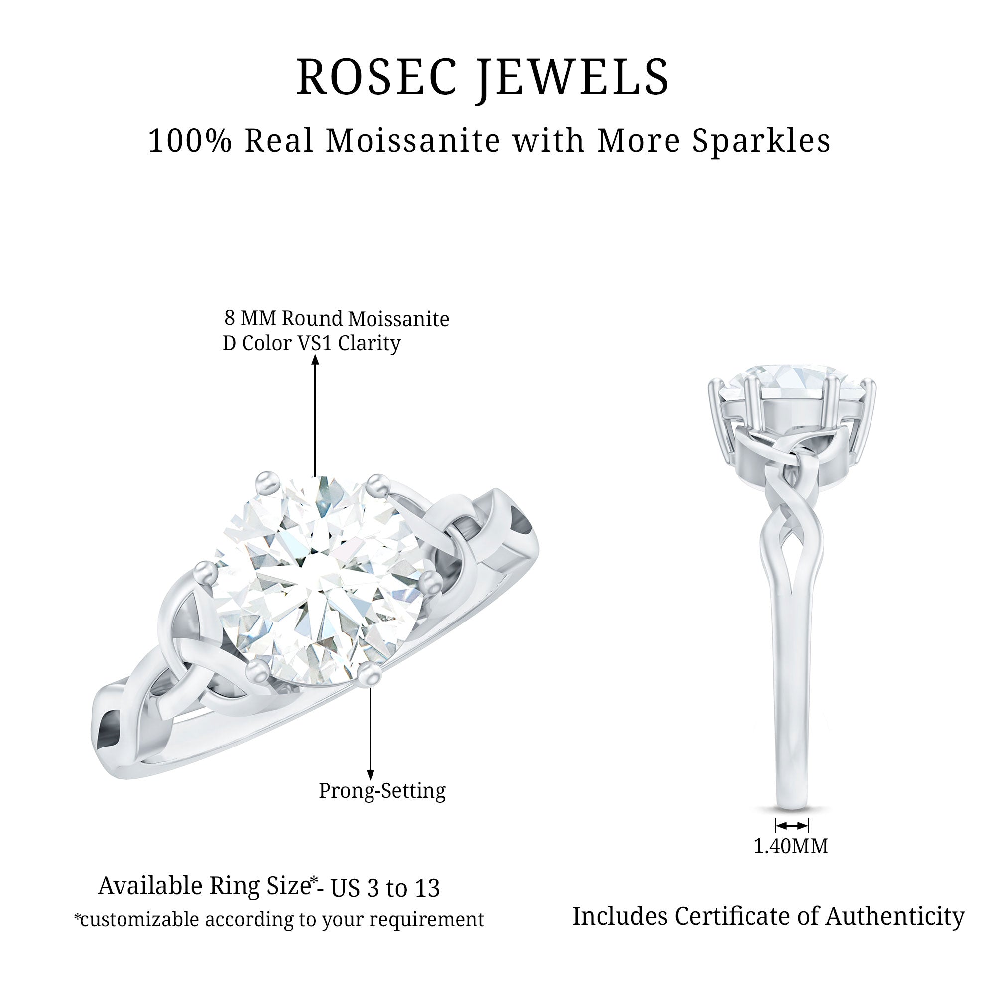 8 MM Round Cut Moissanite Celtic Design Engagement Ring D-VS1 - Rosec Jewels