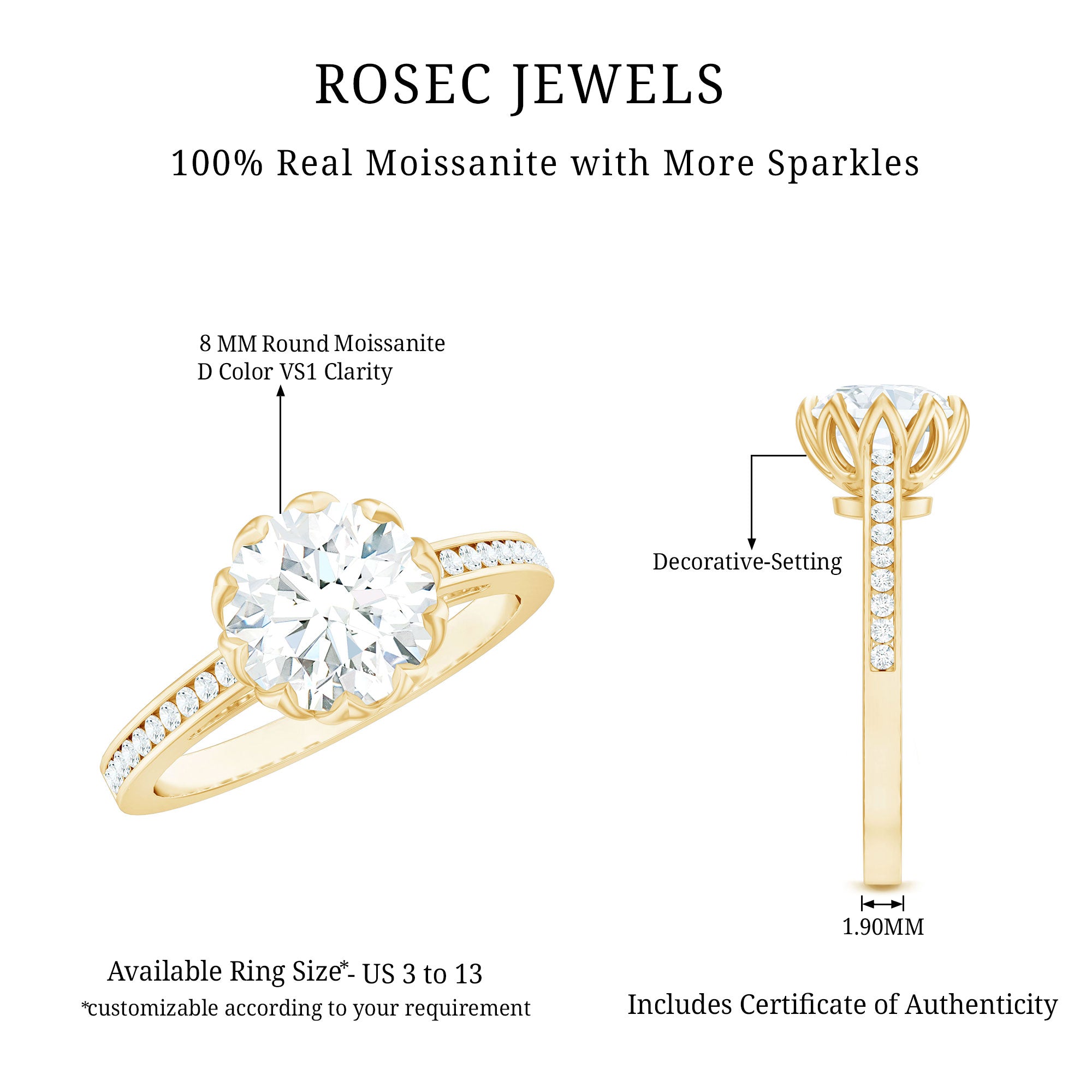 Round Moissanite Lotus Engagement Ring with Side Stones D-VS1 - Rosec Jewels
