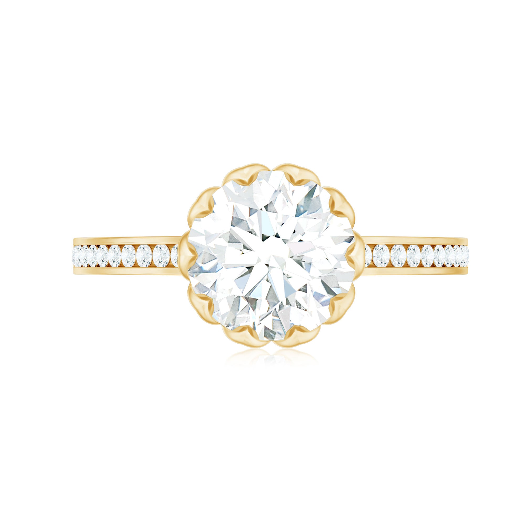 Round Moissanite Lotus Engagement Ring with Side Stones D-VS1 - Rosec Jewels