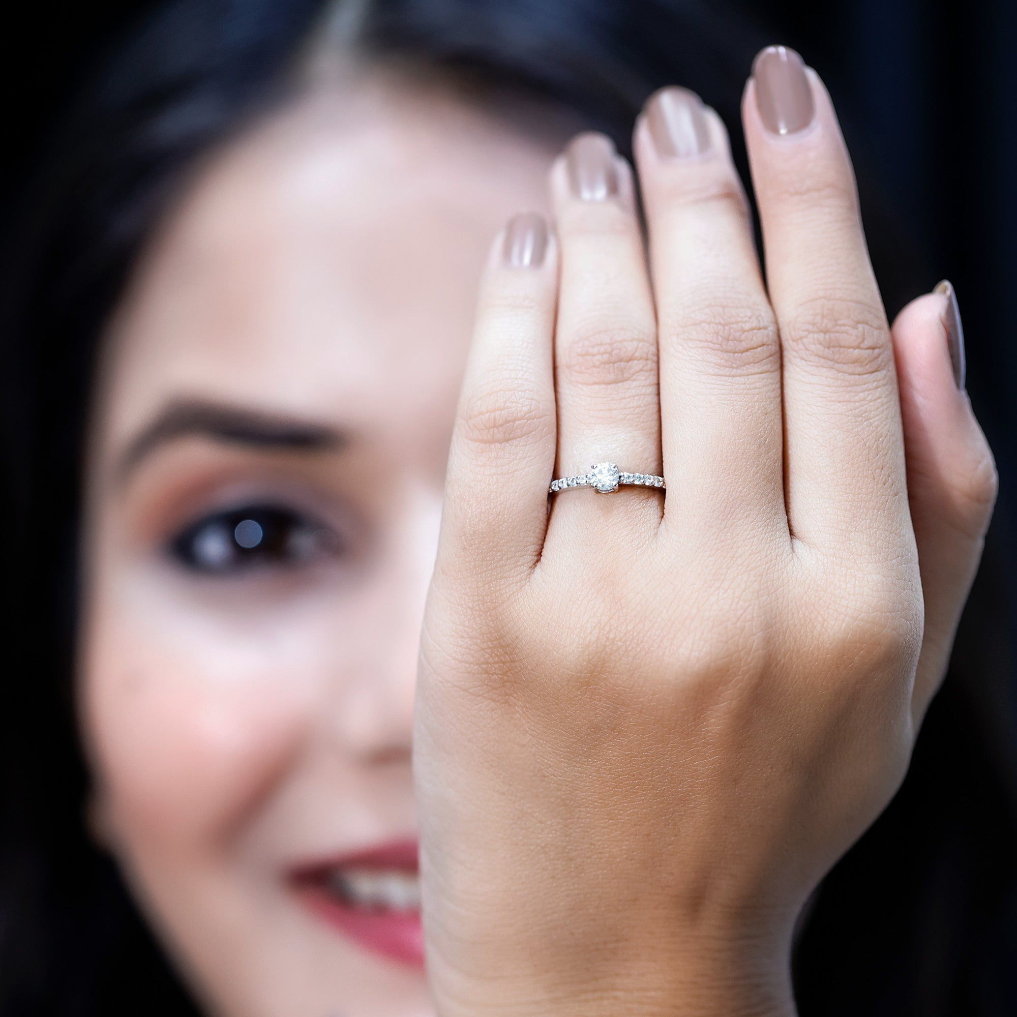 Round Diamond Solitaire Ring with Side Stones Natural - ( HI-SI ) - Rosec Jewels