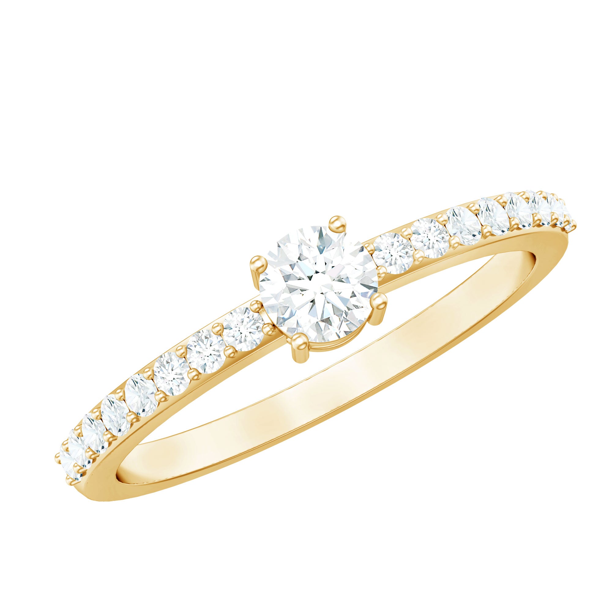 Round Diamond Solitaire Ring with Side Stones Natural - ( HI-SI ) - Rosec Jewels