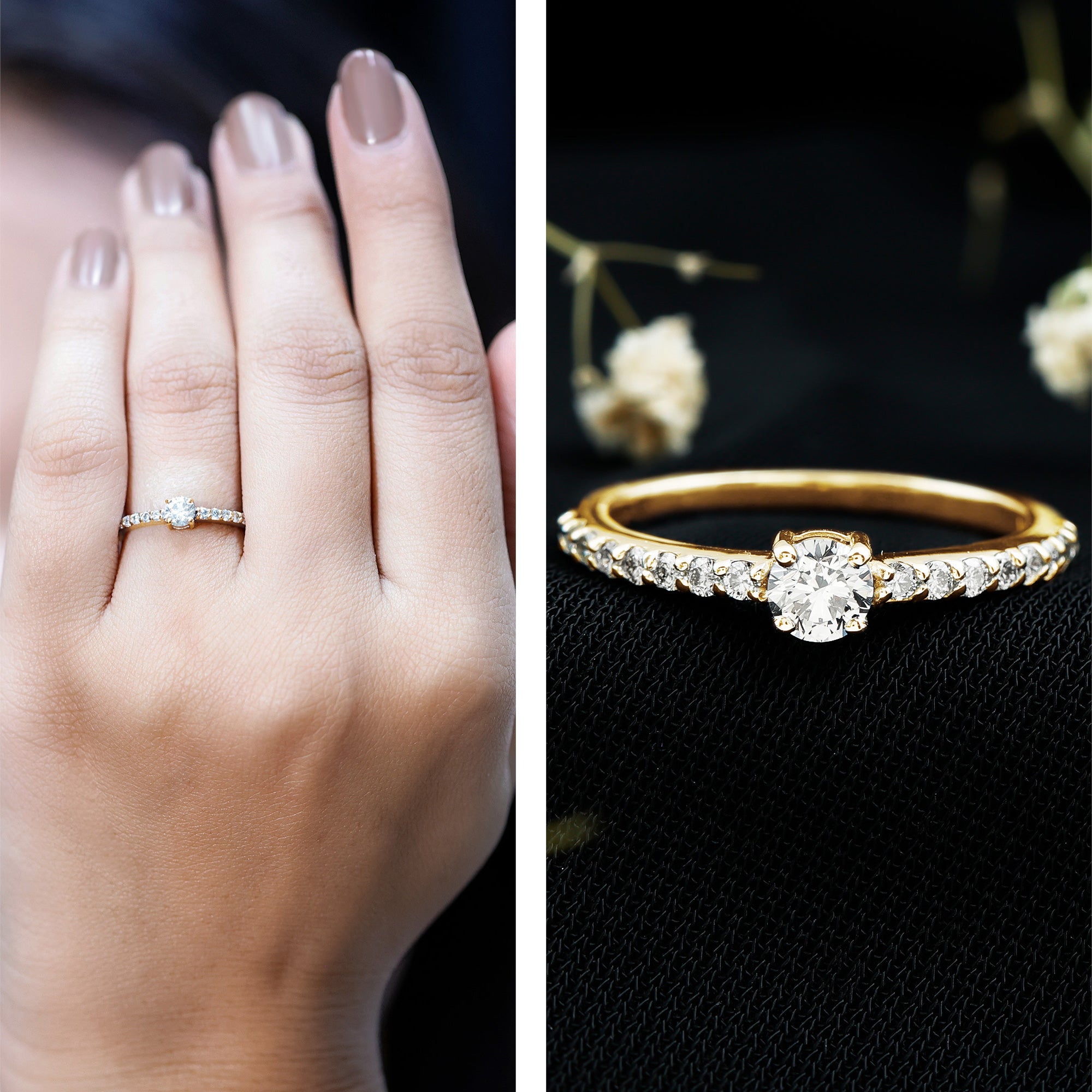 Round Diamond Solitaire Ring with Side Stones Natural - ( HI-SI ) - Rosec Jewels