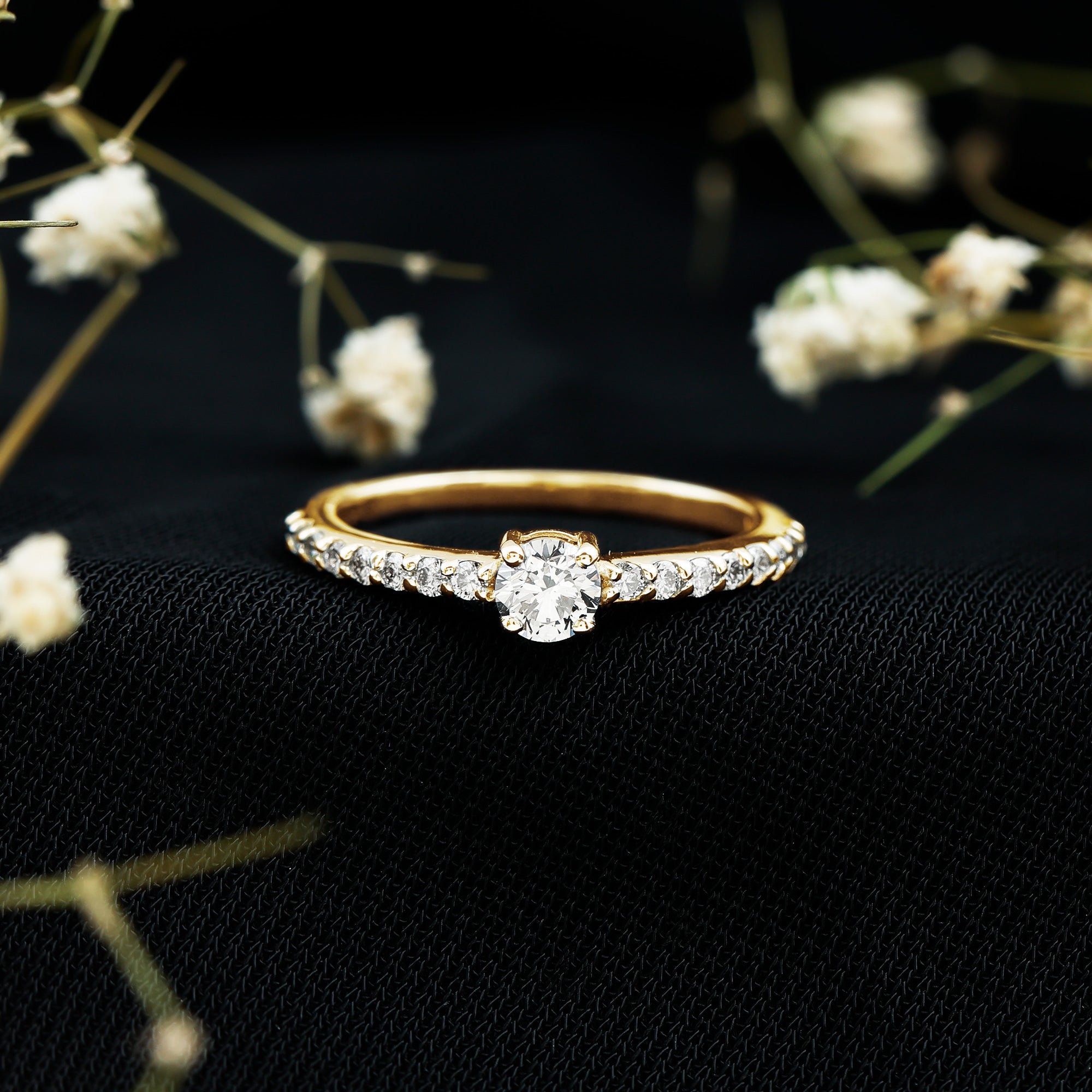 Round Diamond Solitaire Ring with Side Stones Natural - ( HI-SI ) - Rosec Jewels