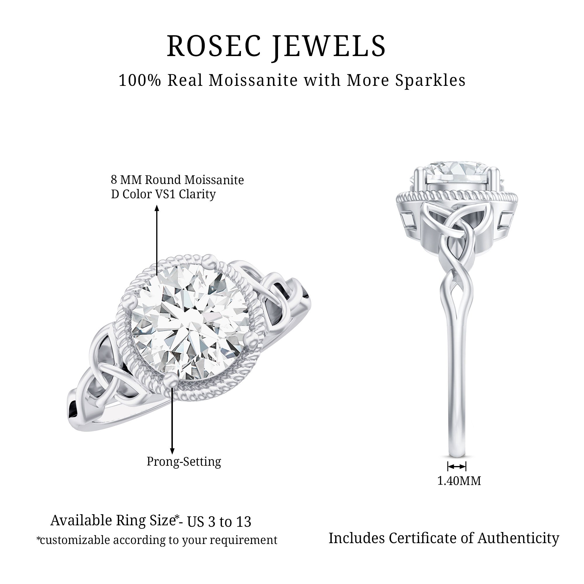 Brilliant Cut Moissanite Engagement Ring with Rope Frame D-VS1 - Rosec Jewels