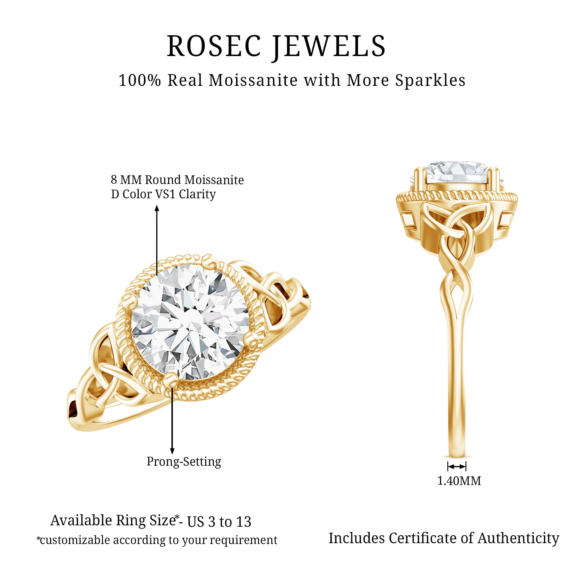 Brilliant Cut Moissanite Engagement Ring with Rope Frame D-VS1 - Rosec Jewels