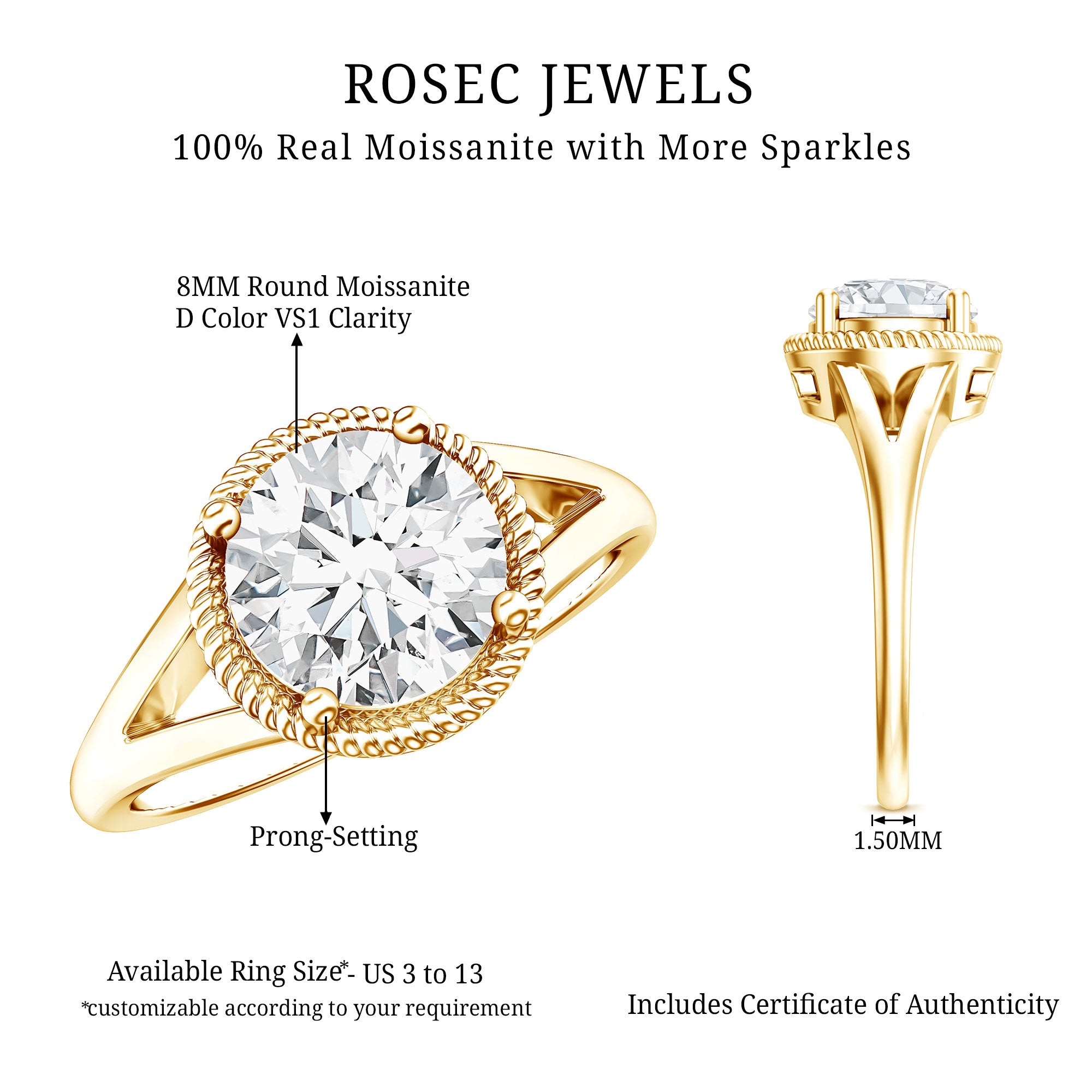 2 CT Round Moissanite Rope Band Engagement Ring D-VS1 - Rosec Jewels