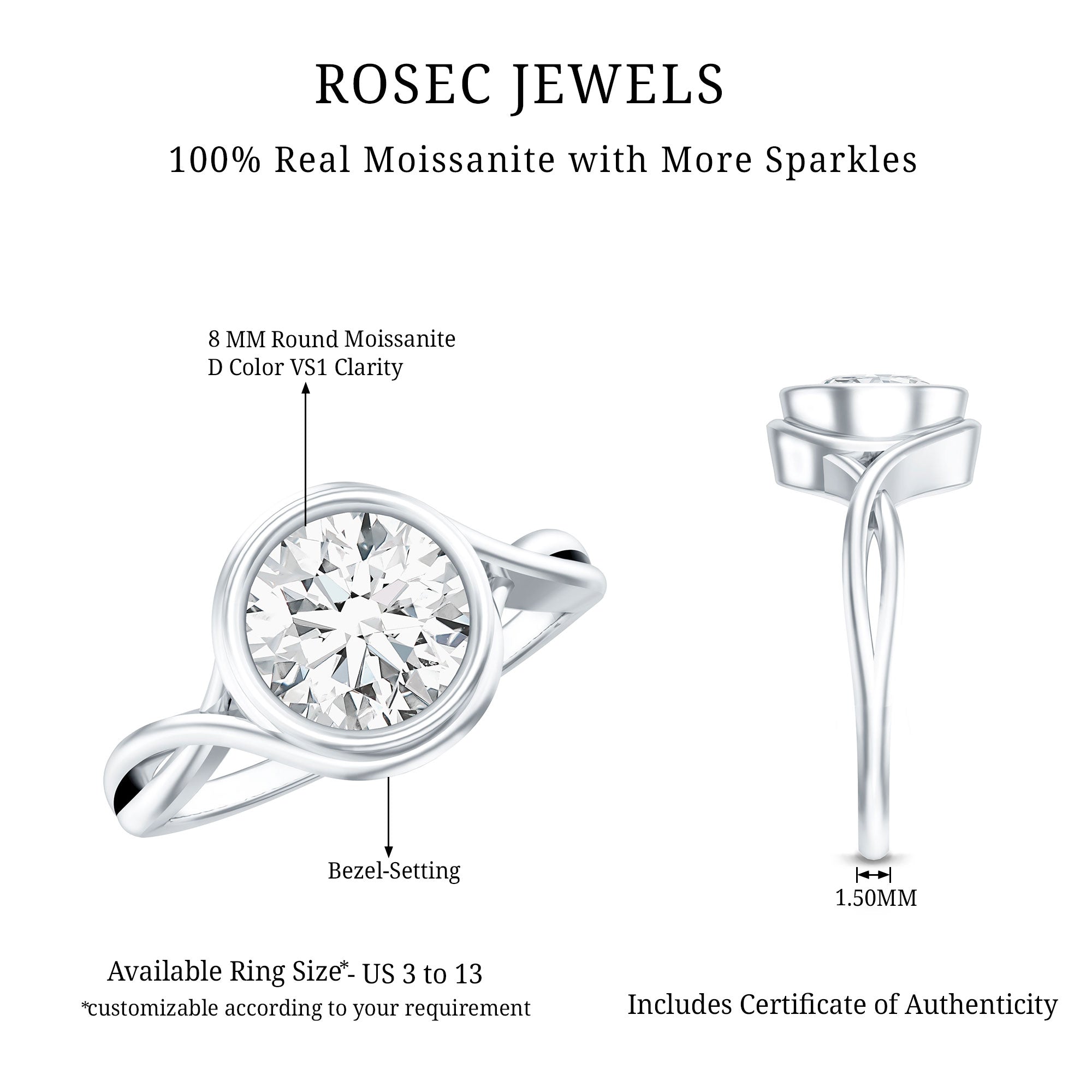 Rosec Jewels-Certified Moissanite Bezel Set Engagement Ring with Crossover Shank