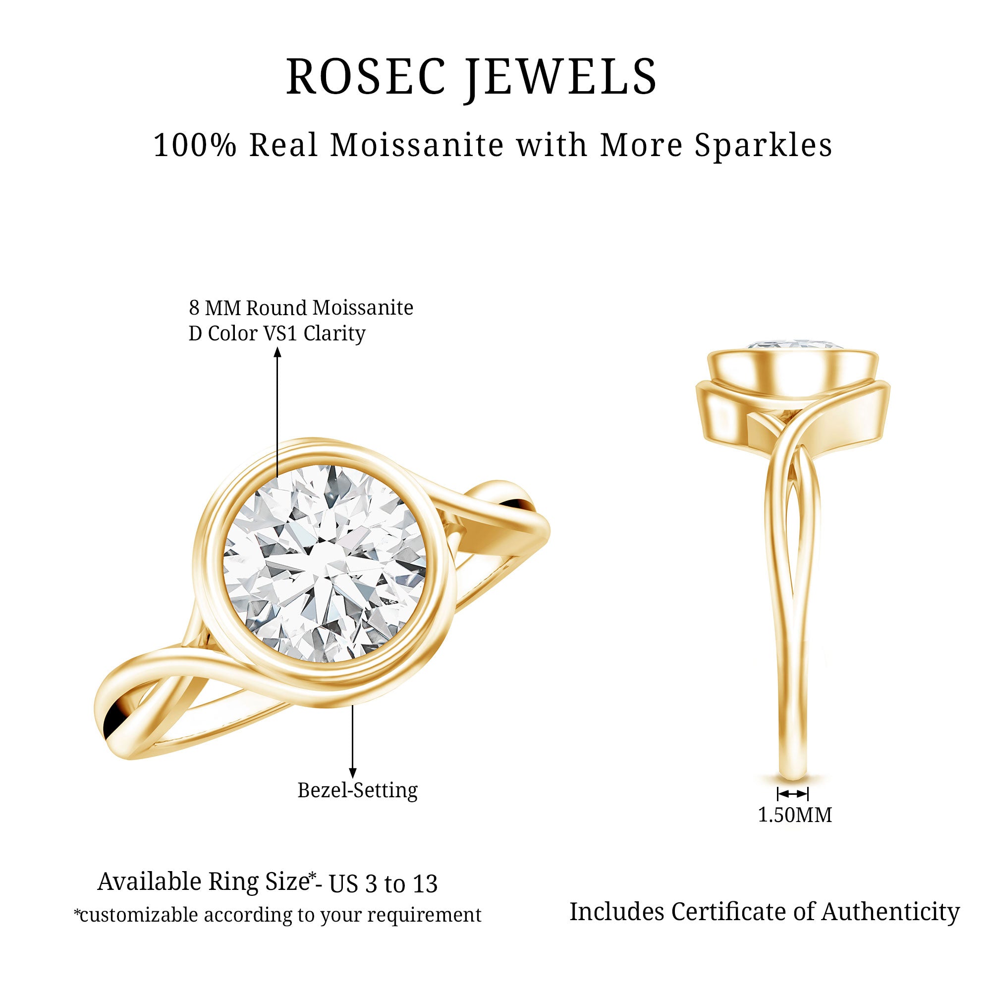 Rosec Jewels-Certified Moissanite Bezel Set Engagement Ring with Crossover Shank