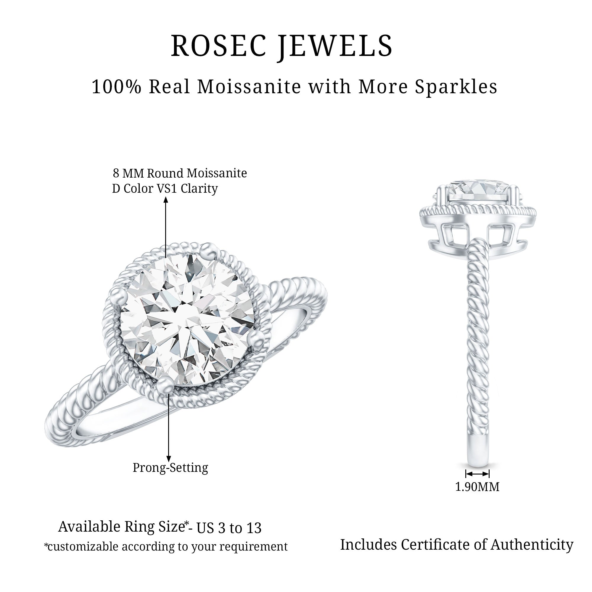 Brilliant Cut 8 MM Moissanite Rope Band Engagement Ring D-VS1 - Rosec Jewels