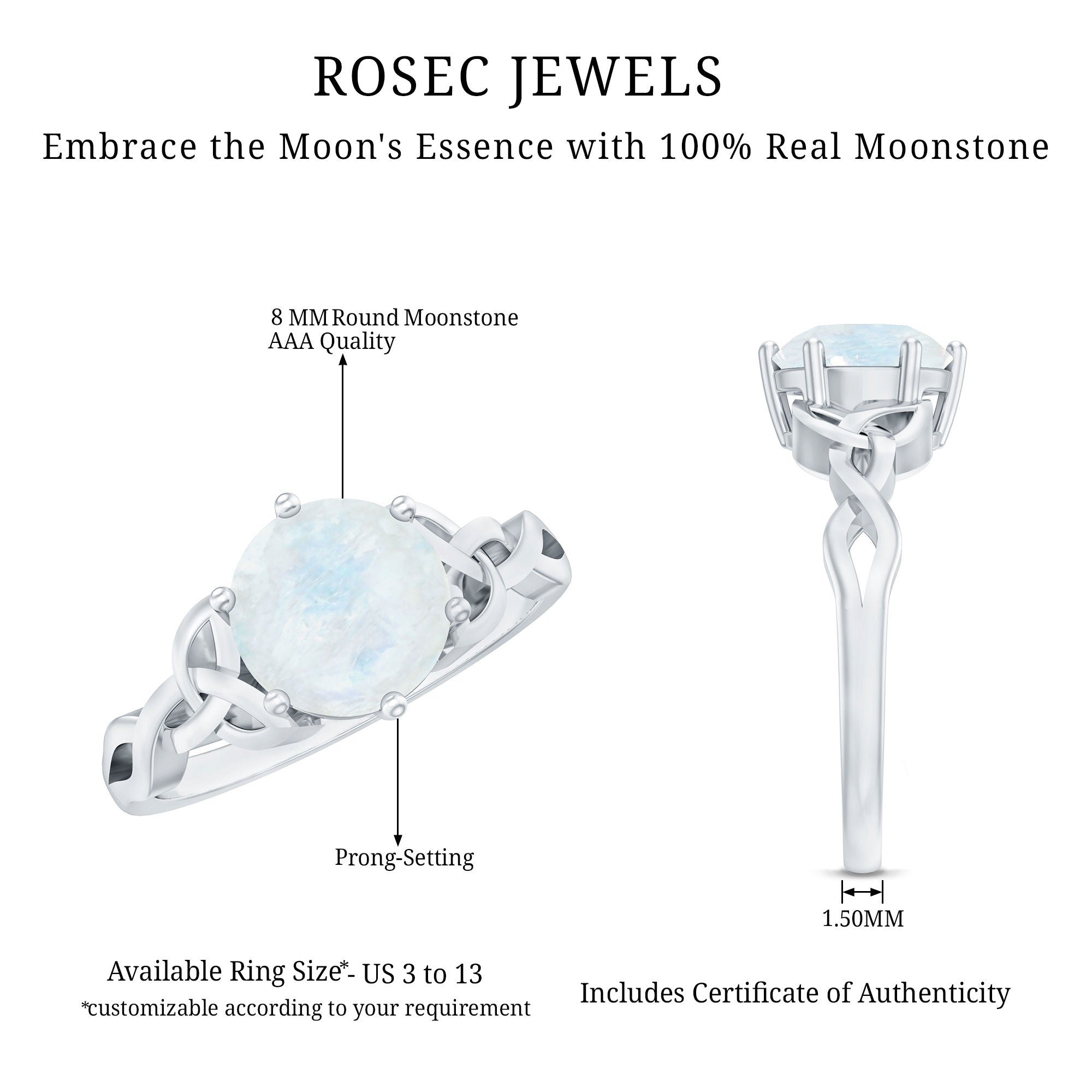 Genuine Moonstone Celtic Engagement Ring for Women AAA - Rosec Jewels