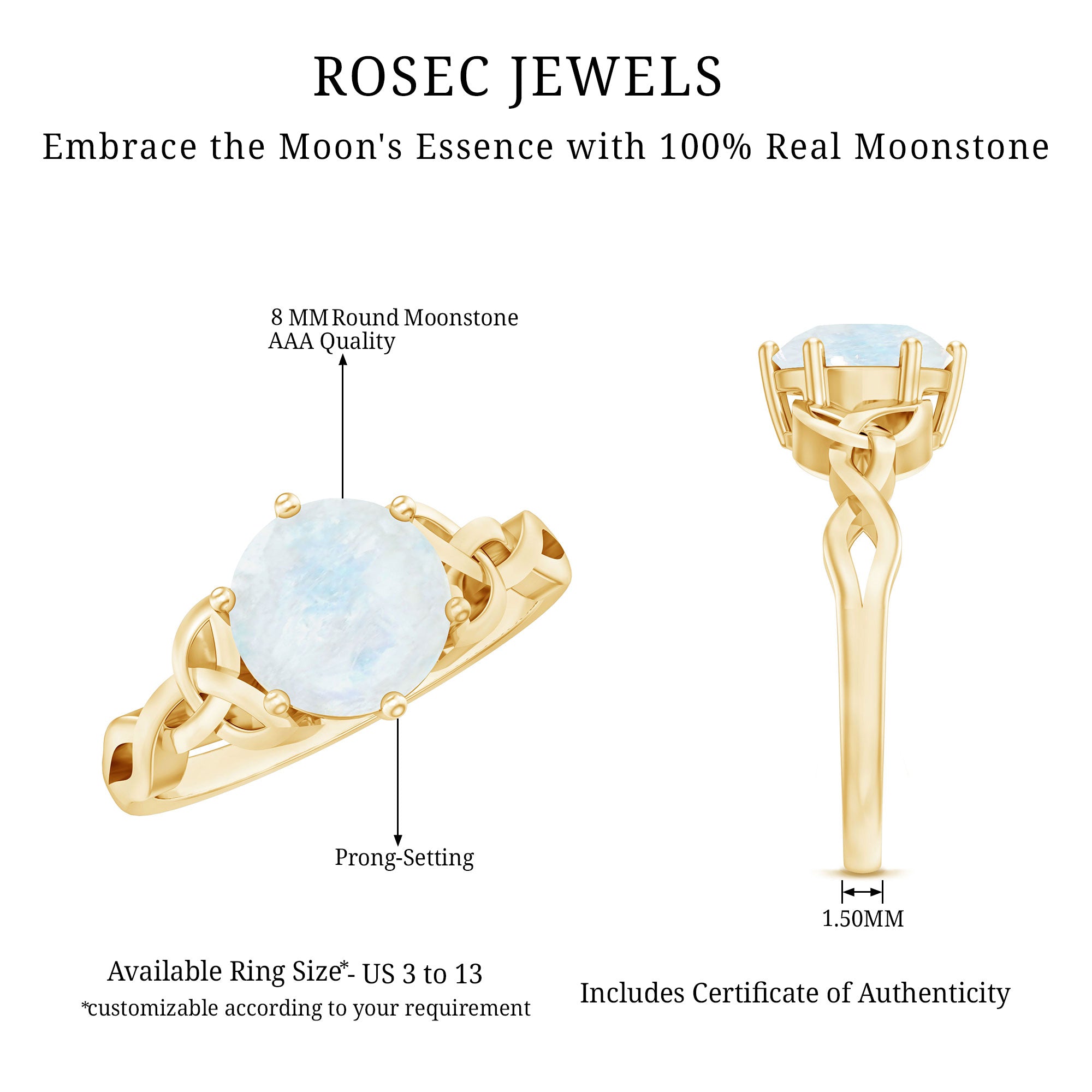 Genuine Moonstone Celtic Engagement Ring for Women AAA - Rosec Jewels