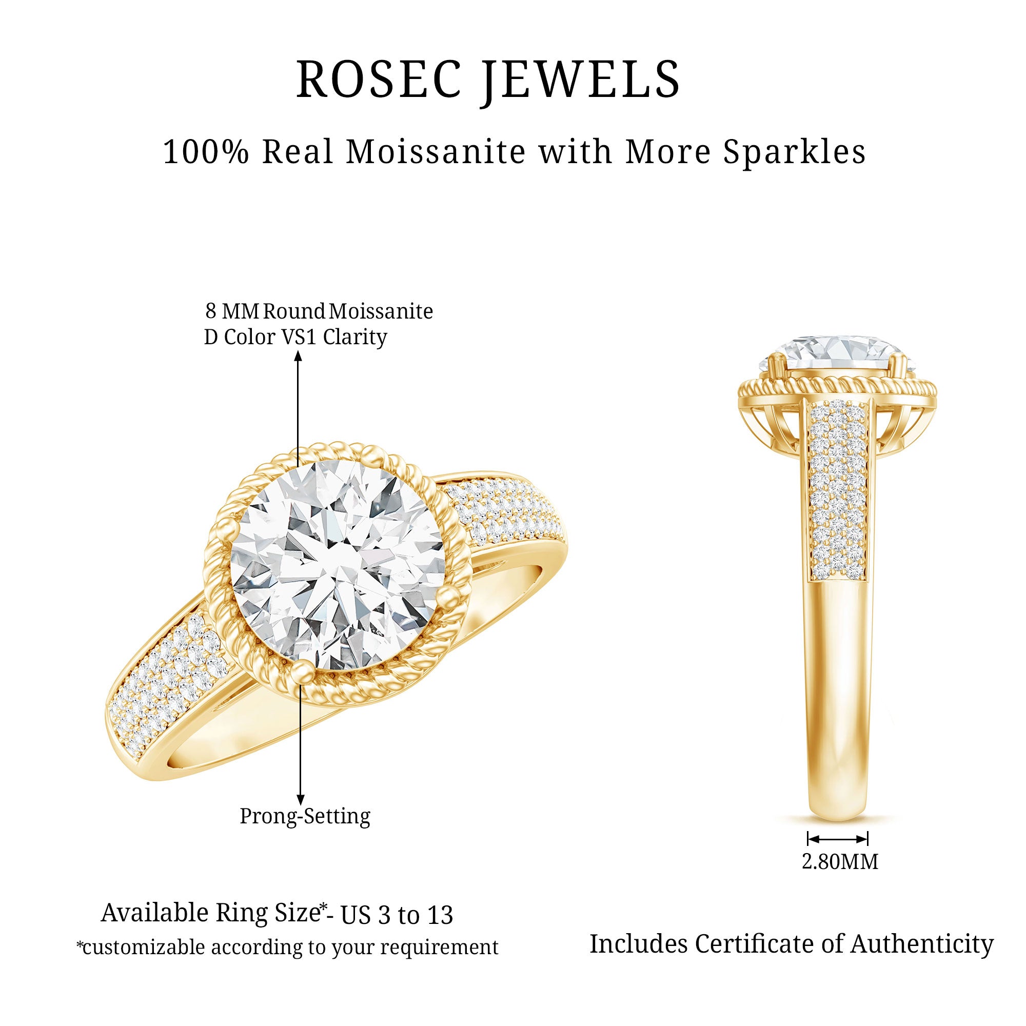 Rosec Jewels-2 Carat Moissanite Round Cut Engagement Ring With Side Stones