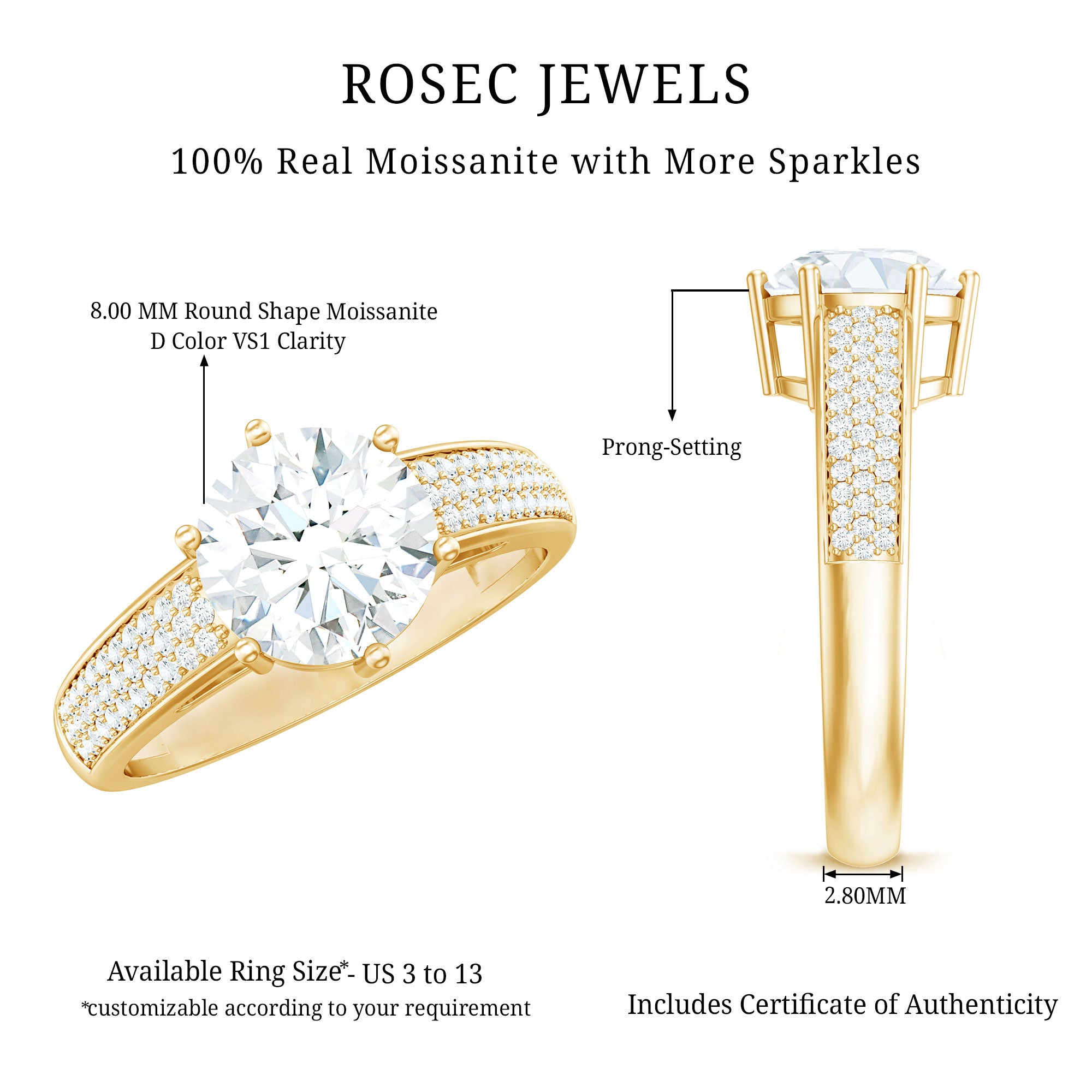 Certified Moissanite Side Stone Engagement Ring for Women D-VS1 - Rosec Jewels