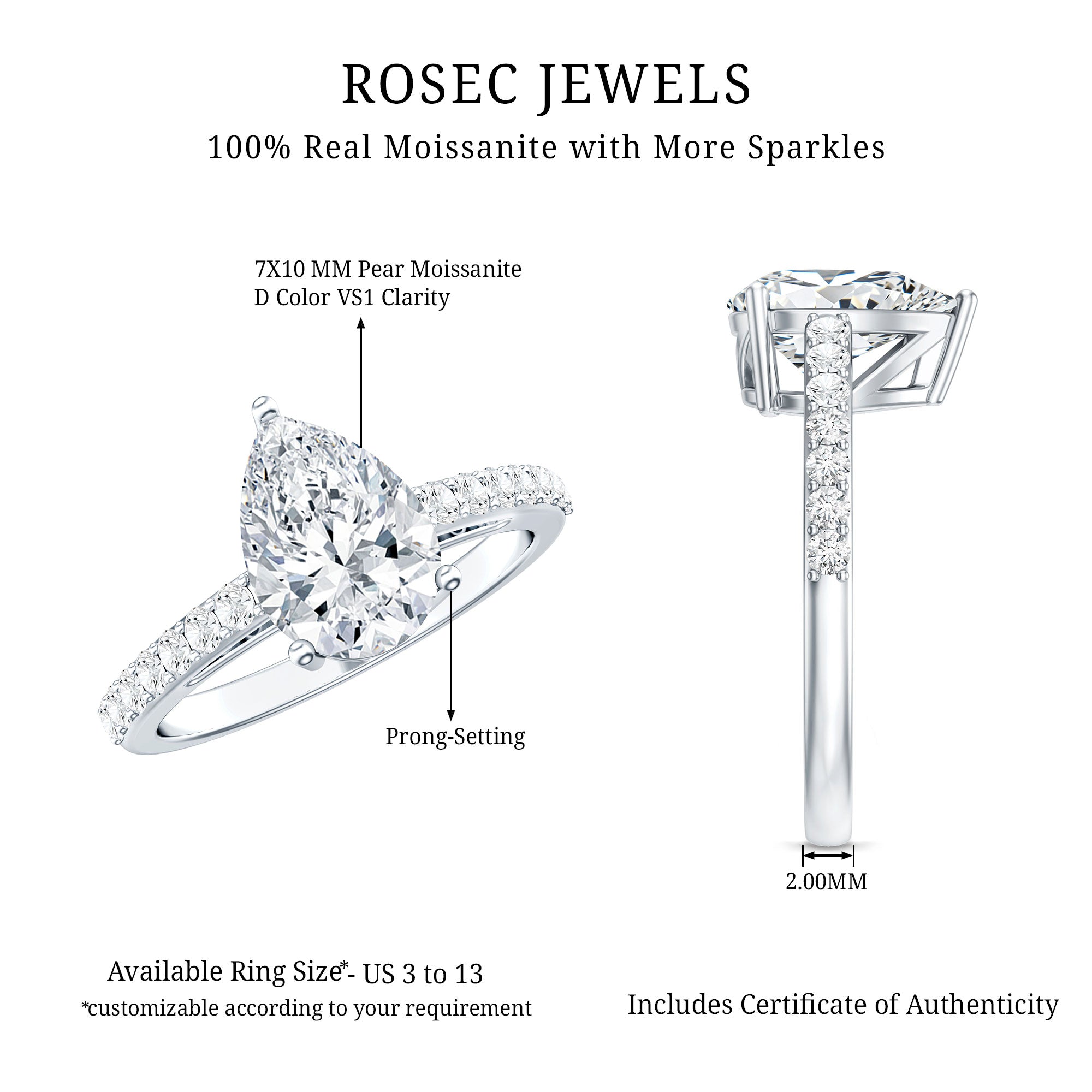 Certified Moissanite Teardrop Engagement Ring D-VS1 - Rosec Jewels