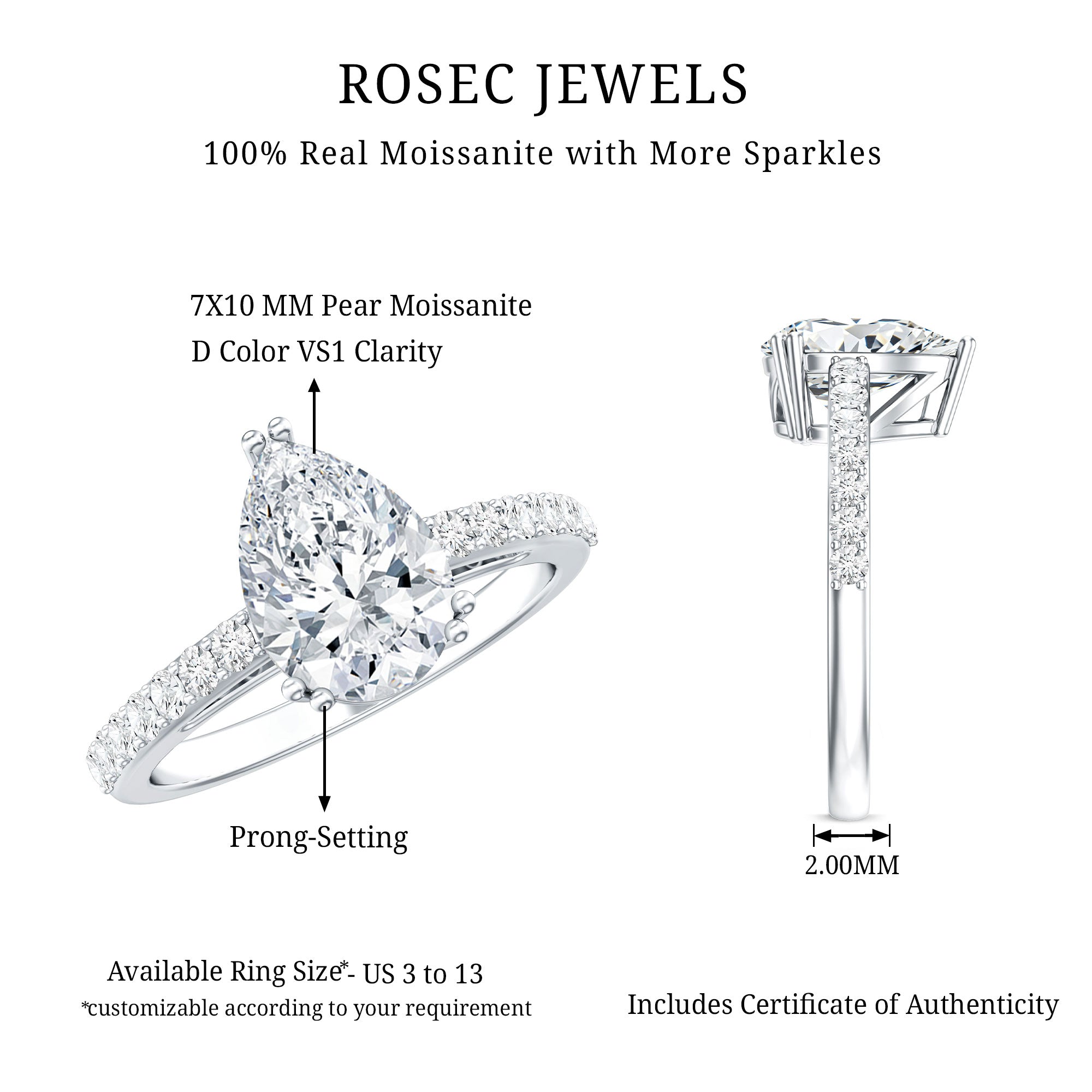 Certified 7X10 MM Moissanite Pear Shaped Engagement Ring D-VS1 - Rosec Jewels
