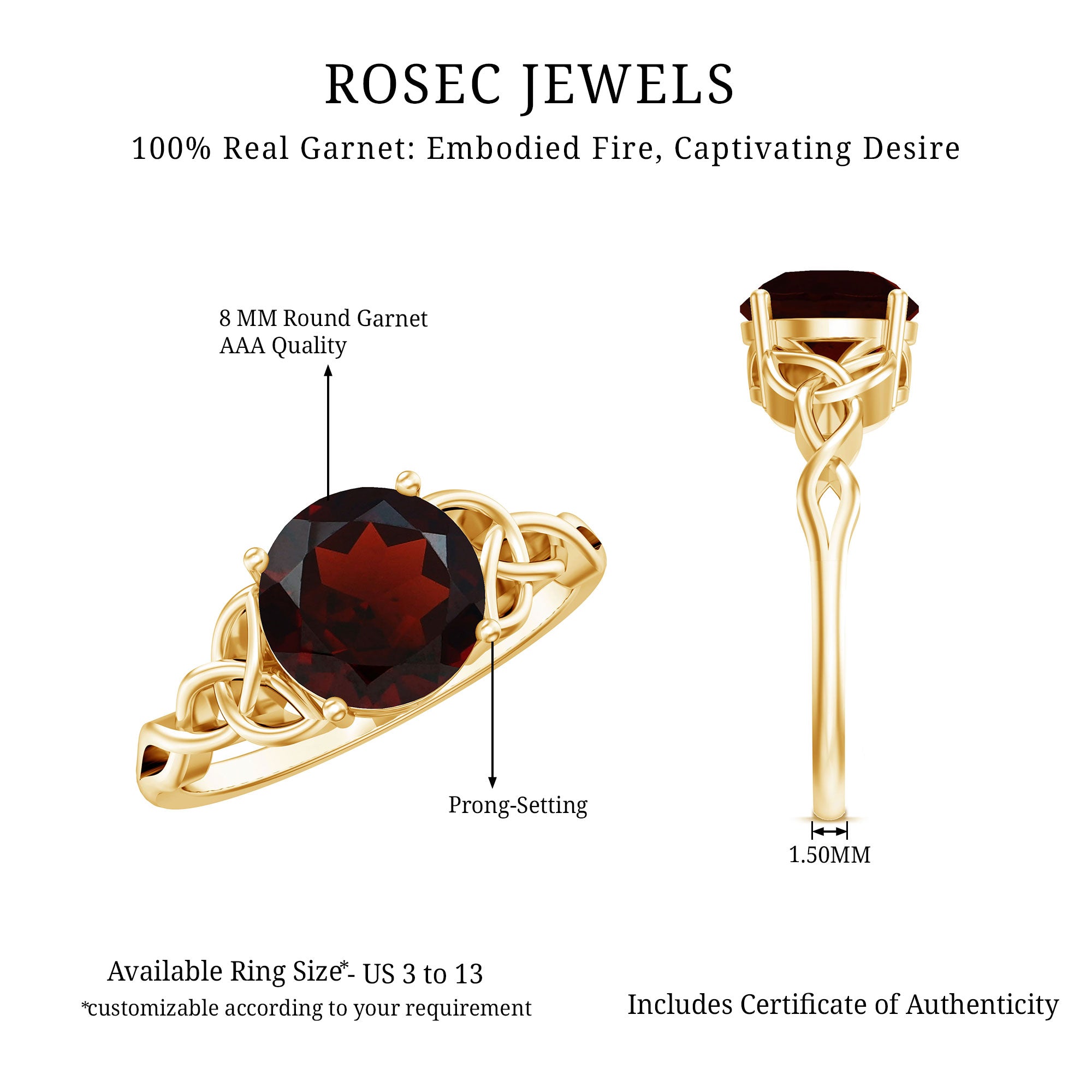 Real 8mm Garnet Solitaire Engagement Ring with Celtic Knot AAA - Rosec Jewels