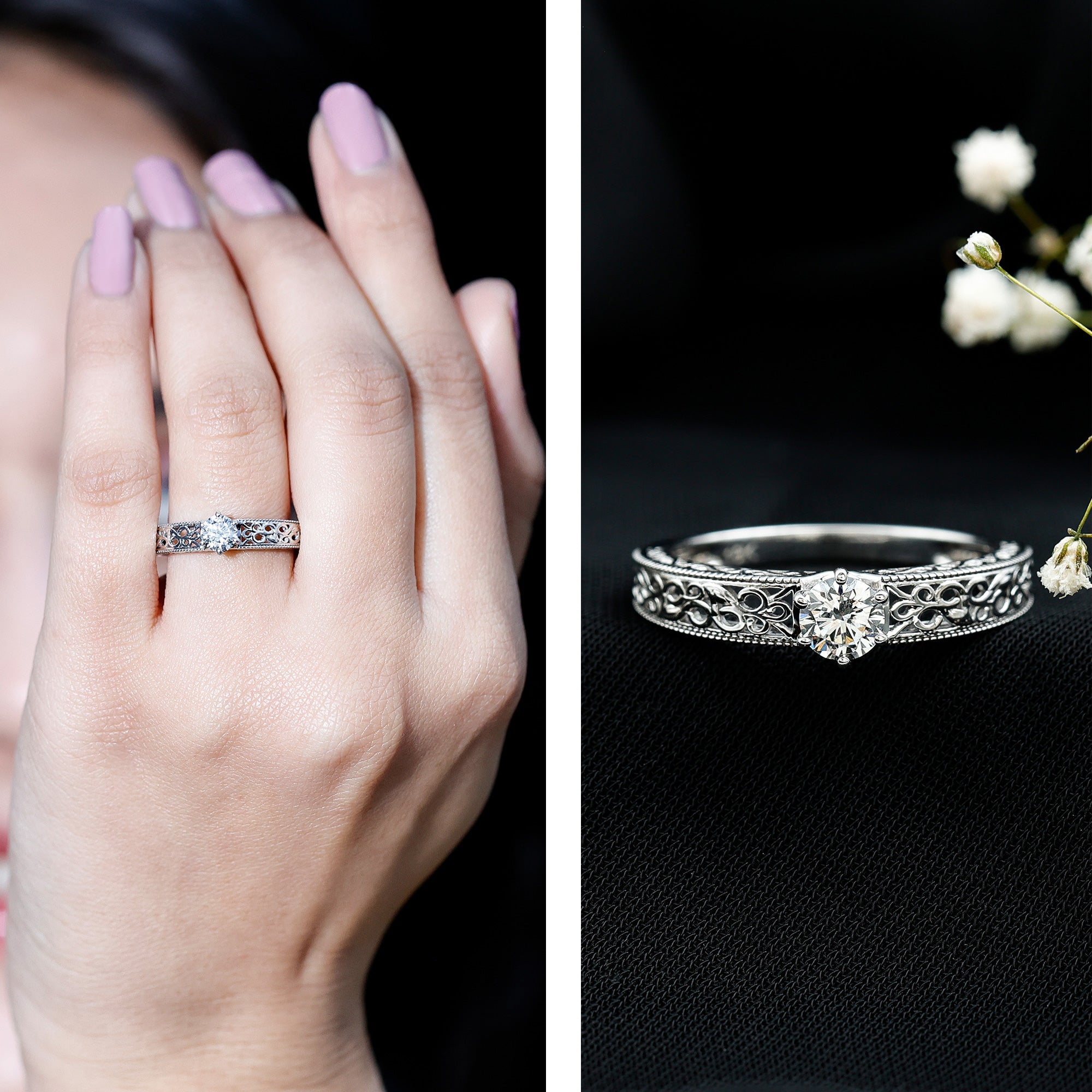 Cubic Zirconia Solitaire Vintage Inspired Filigree Ring in Claw Setting AAAA - Rosec Jewels