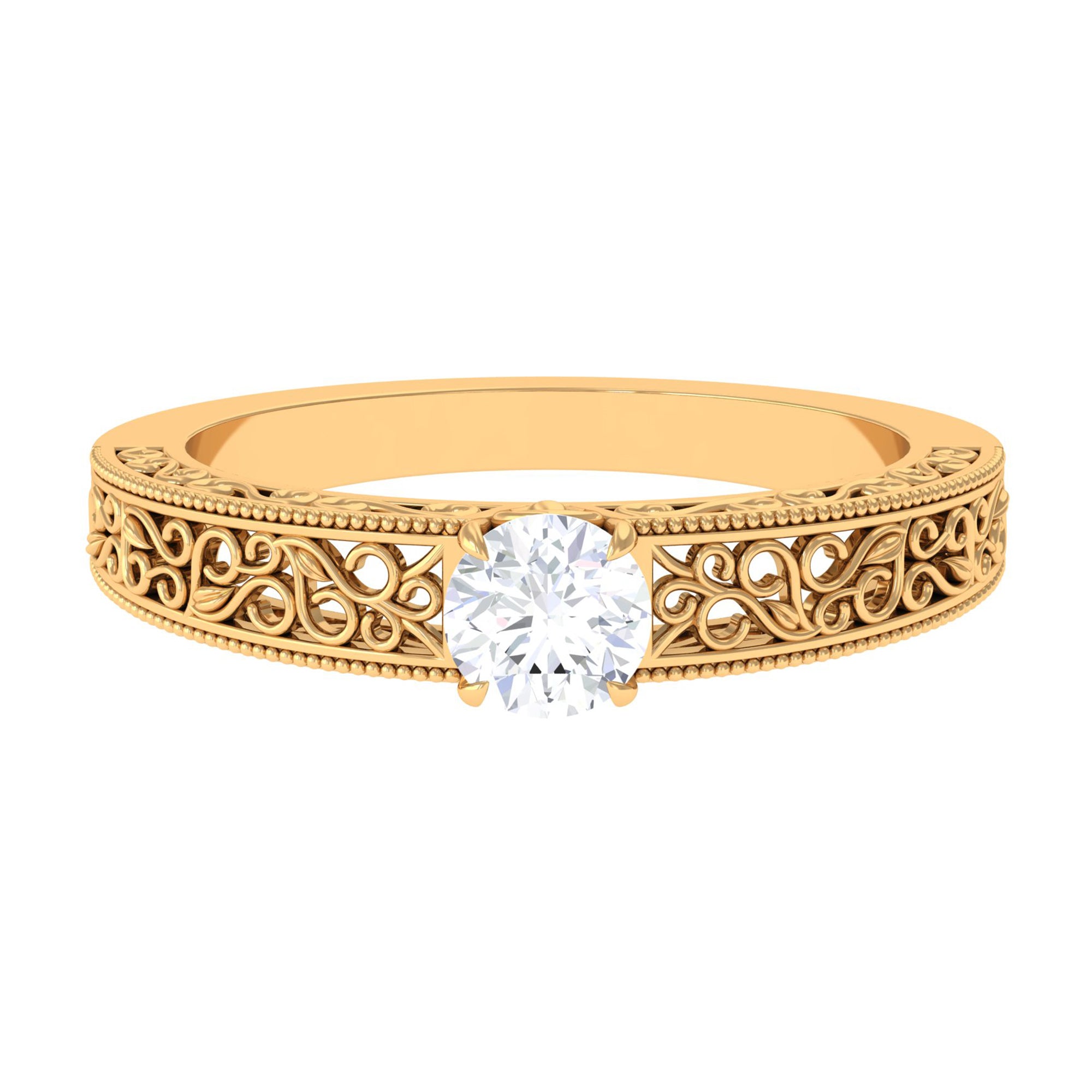 Cubic Zirconia Solitaire Vintage Inspired Filigree Ring in Claw Setting AAAA - Rosec Jewels