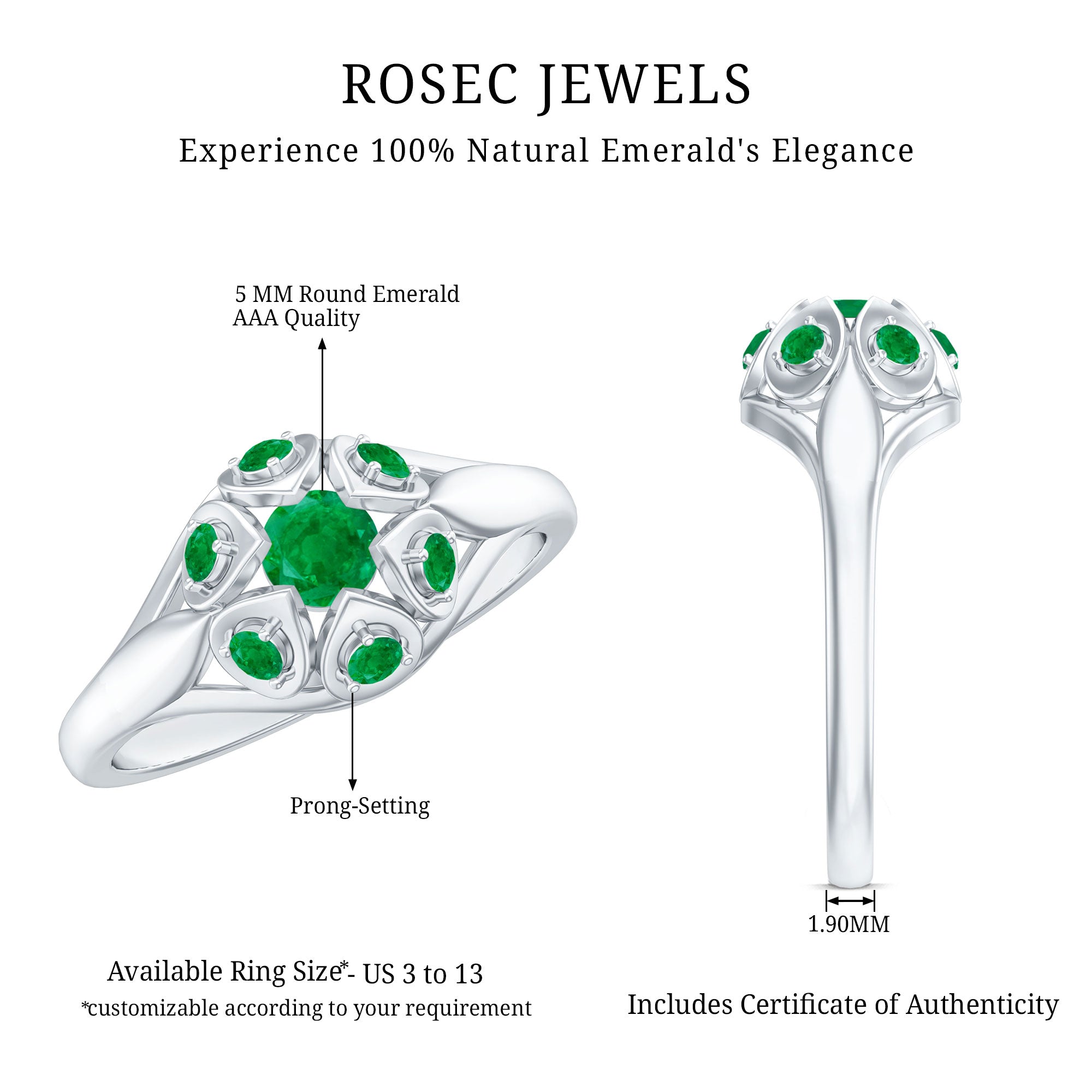 Rosec Jewels-Vintage Inspired Emerald Flower Engagement Ring