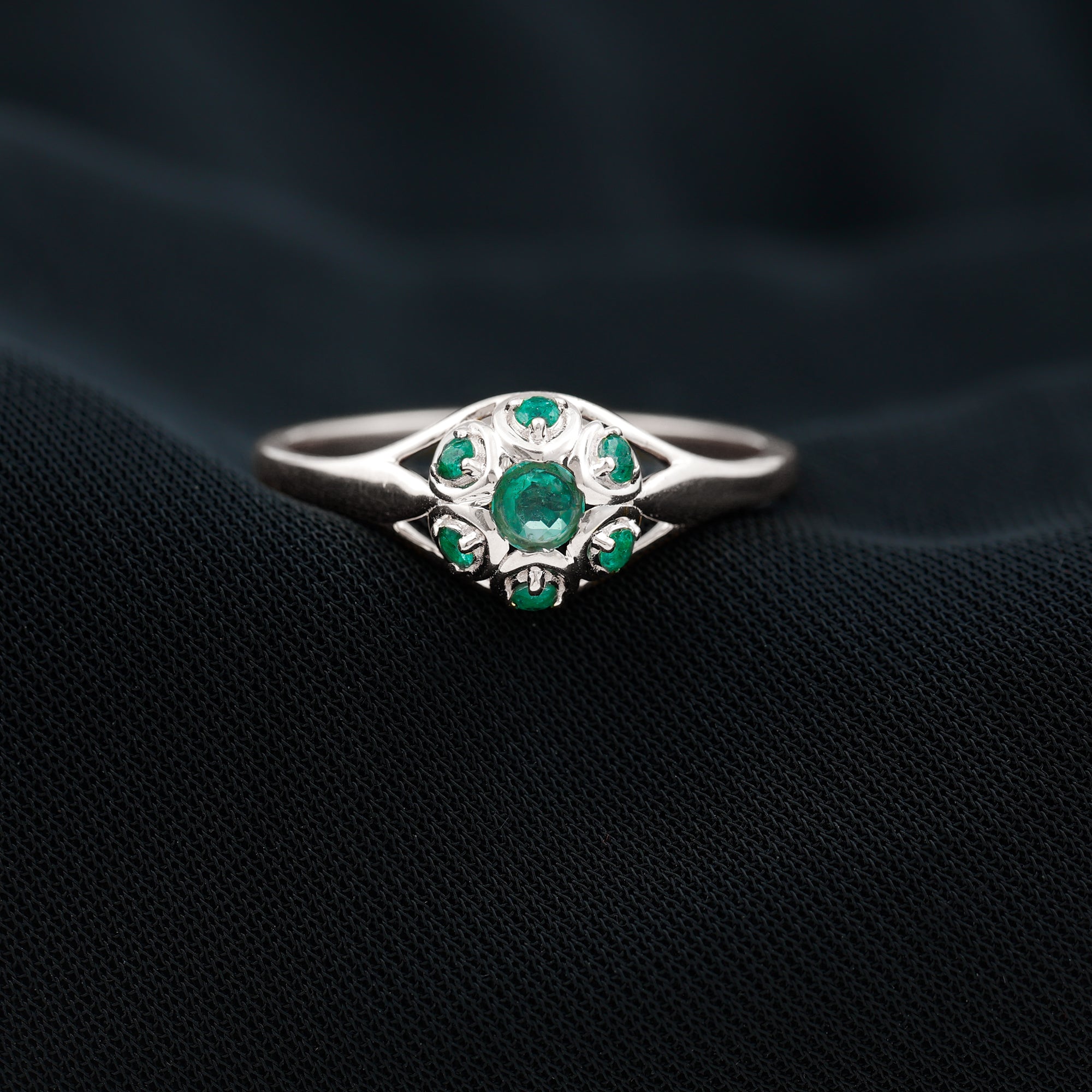 Rosec Jewels-Vintage Inspired Emerald Flower Engagement Ring