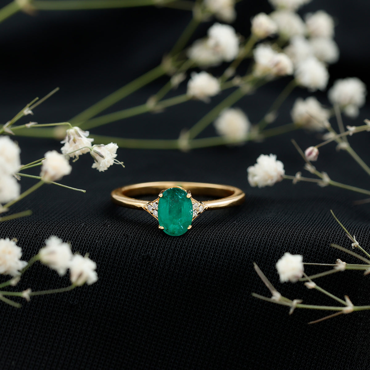 Solitaire Oval Emerald Engagement Ring with Diamonds AAA - Rosec Jewels