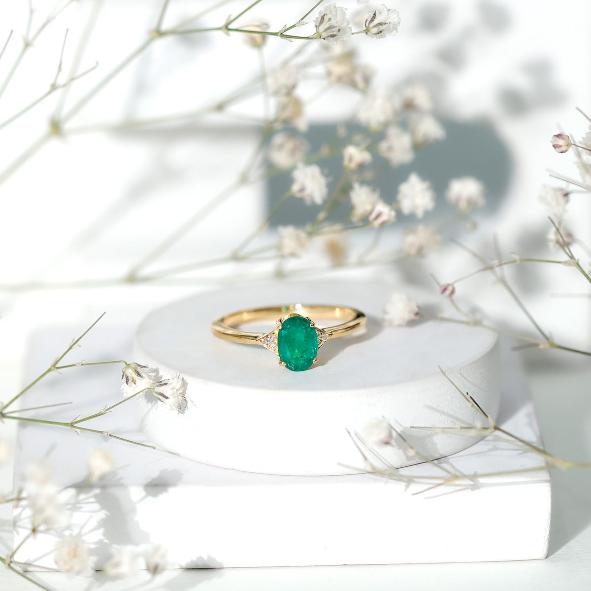 Solitaire Oval Emerald Engagement Ring with Diamonds AAA - Rosec Jewels