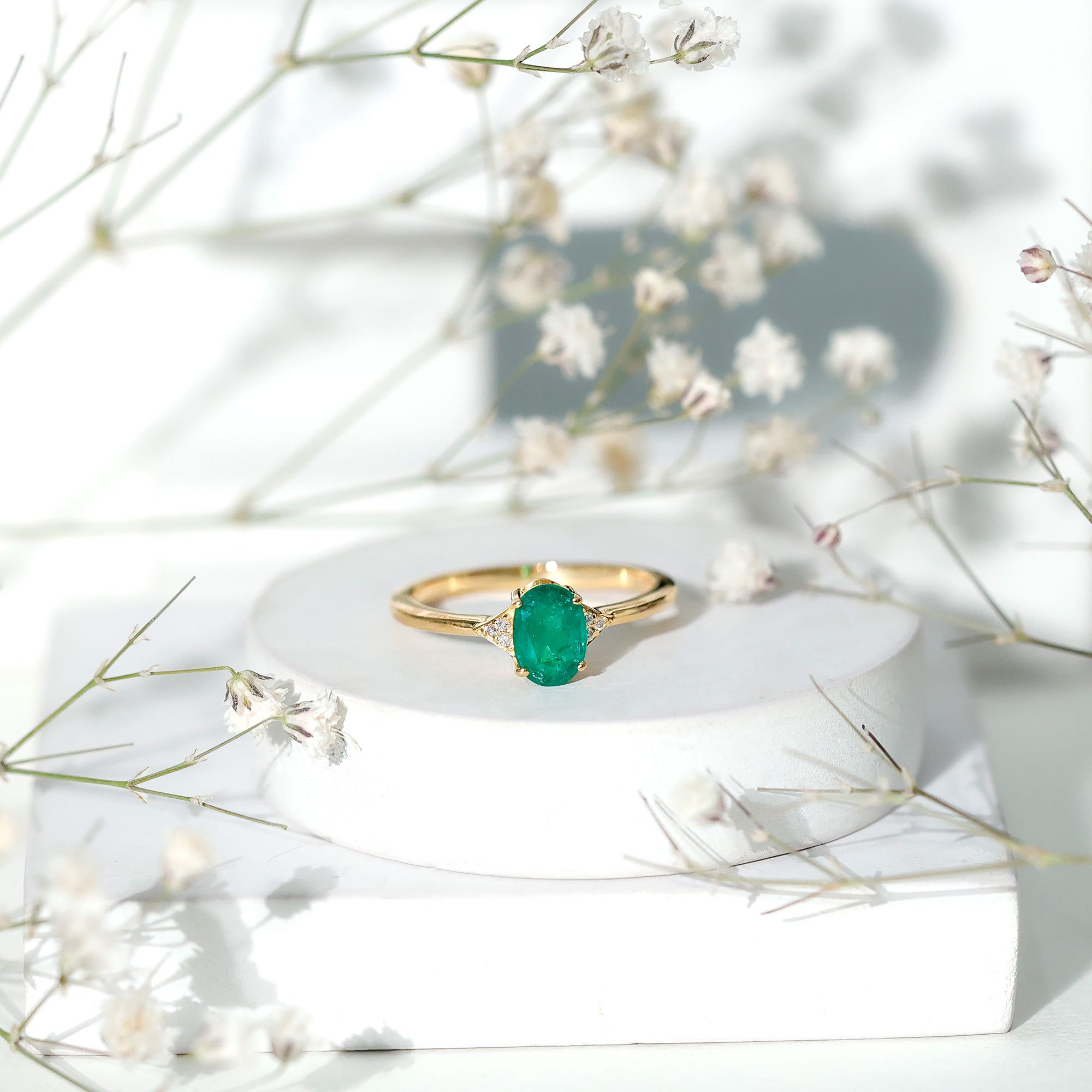 Rosec Jewels-Solitaire Oval Emerald Engagement Ring with Diamonds