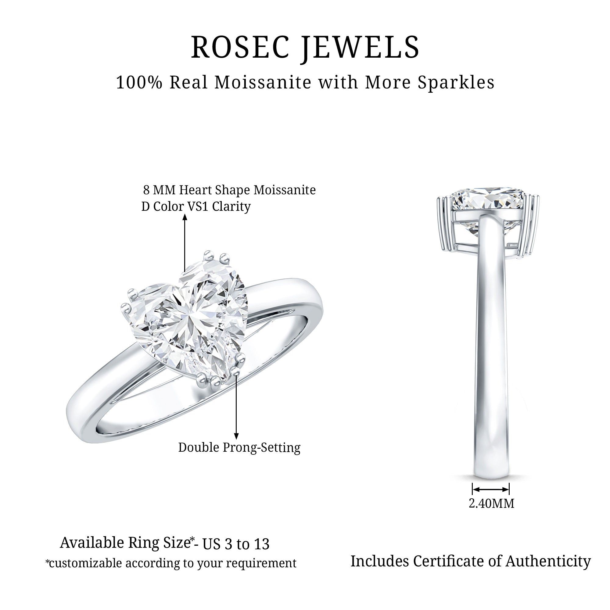 Certified Solitaire Moissanite Heart Engagement Ring For Women D-VS1 - Rosec Jewels