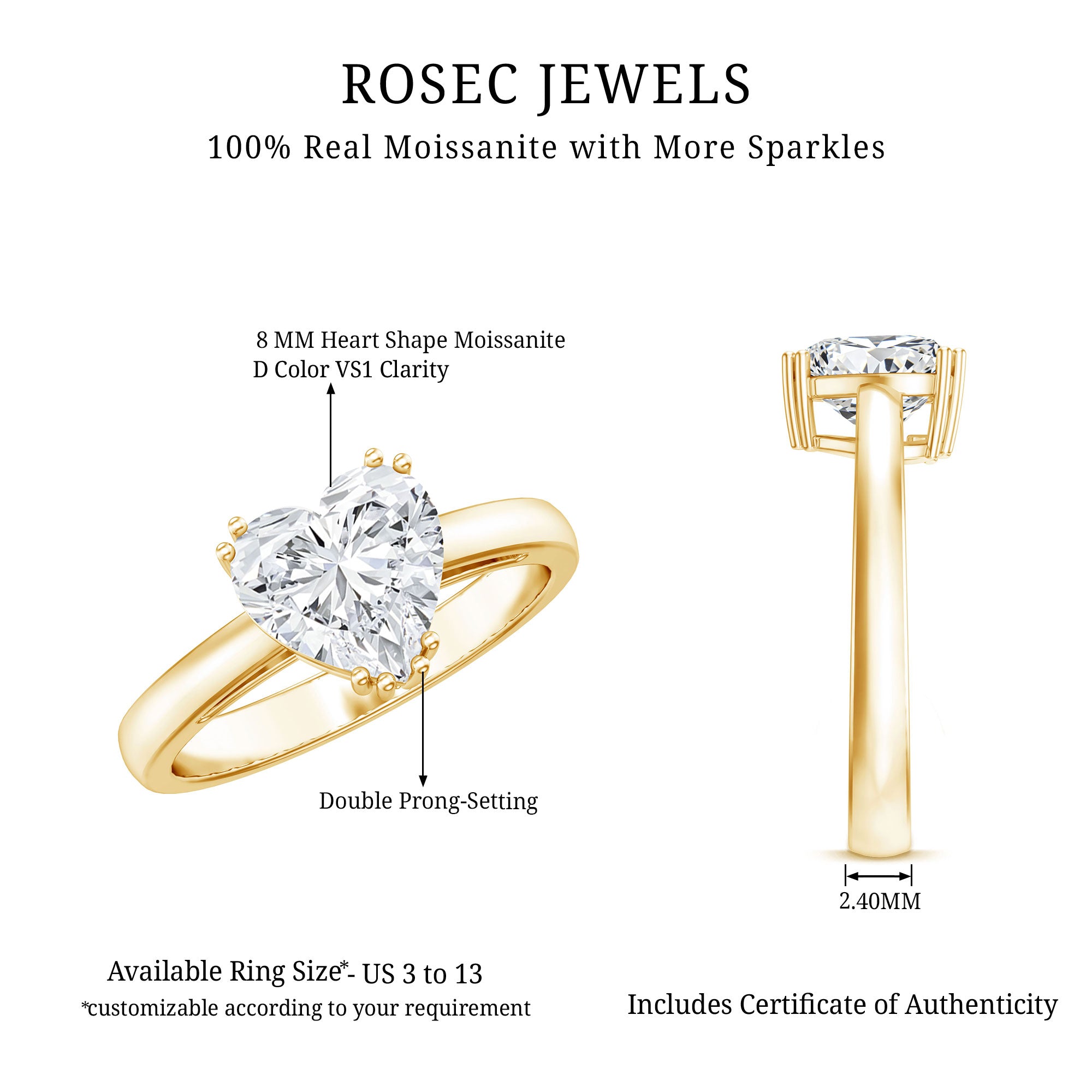 Certified Solitaire Moissanite Heart Engagement Ring For Women D-VS1 - Rosec Jewels