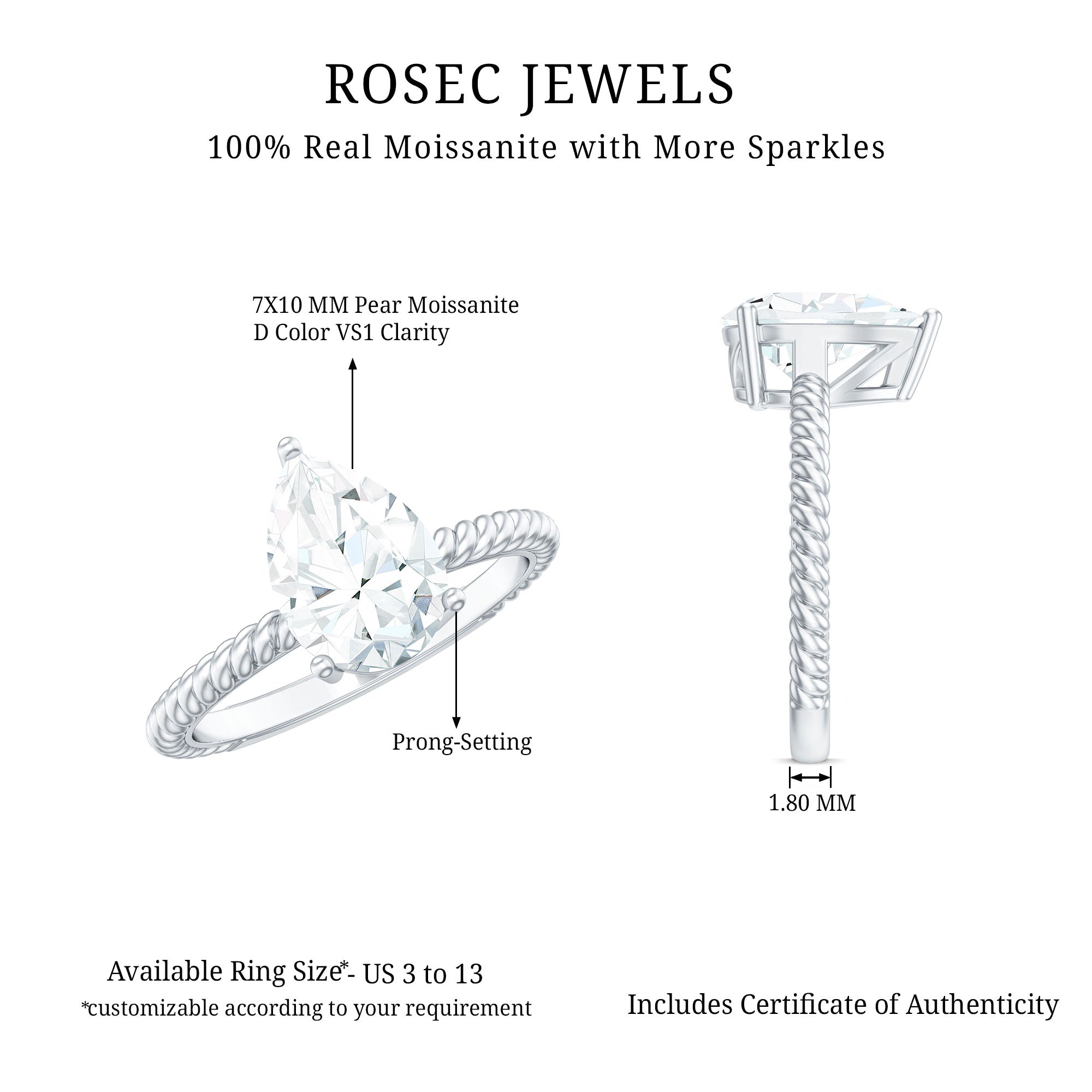 Brilliant Cut Solitaire Moissanite Pear Shaped Engagement Ring D-VS1 - Rosec Jewels
