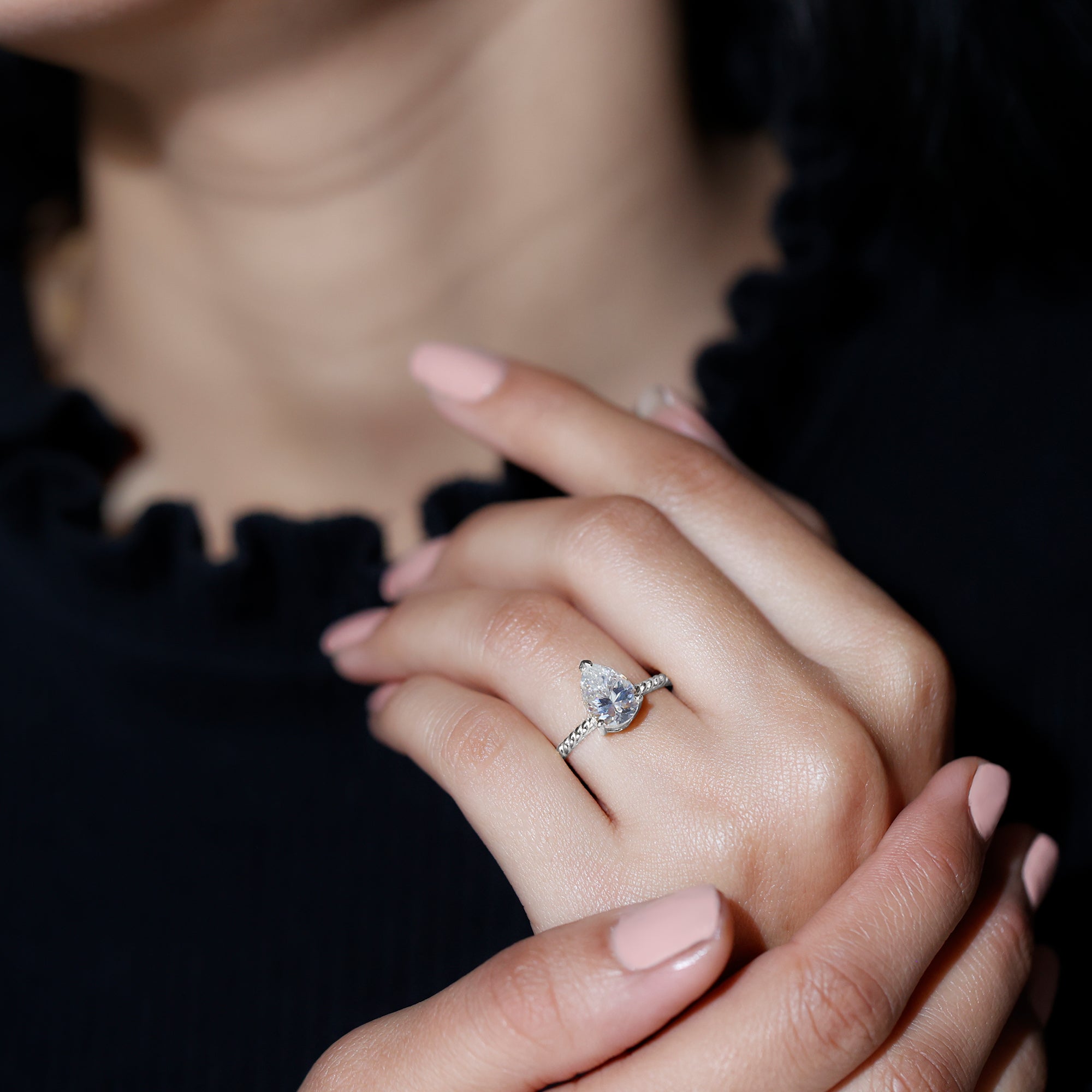 Brilliant Cut Solitaire Moissanite Pear Shaped Engagement Ring D-VS1 - Rosec Jewels