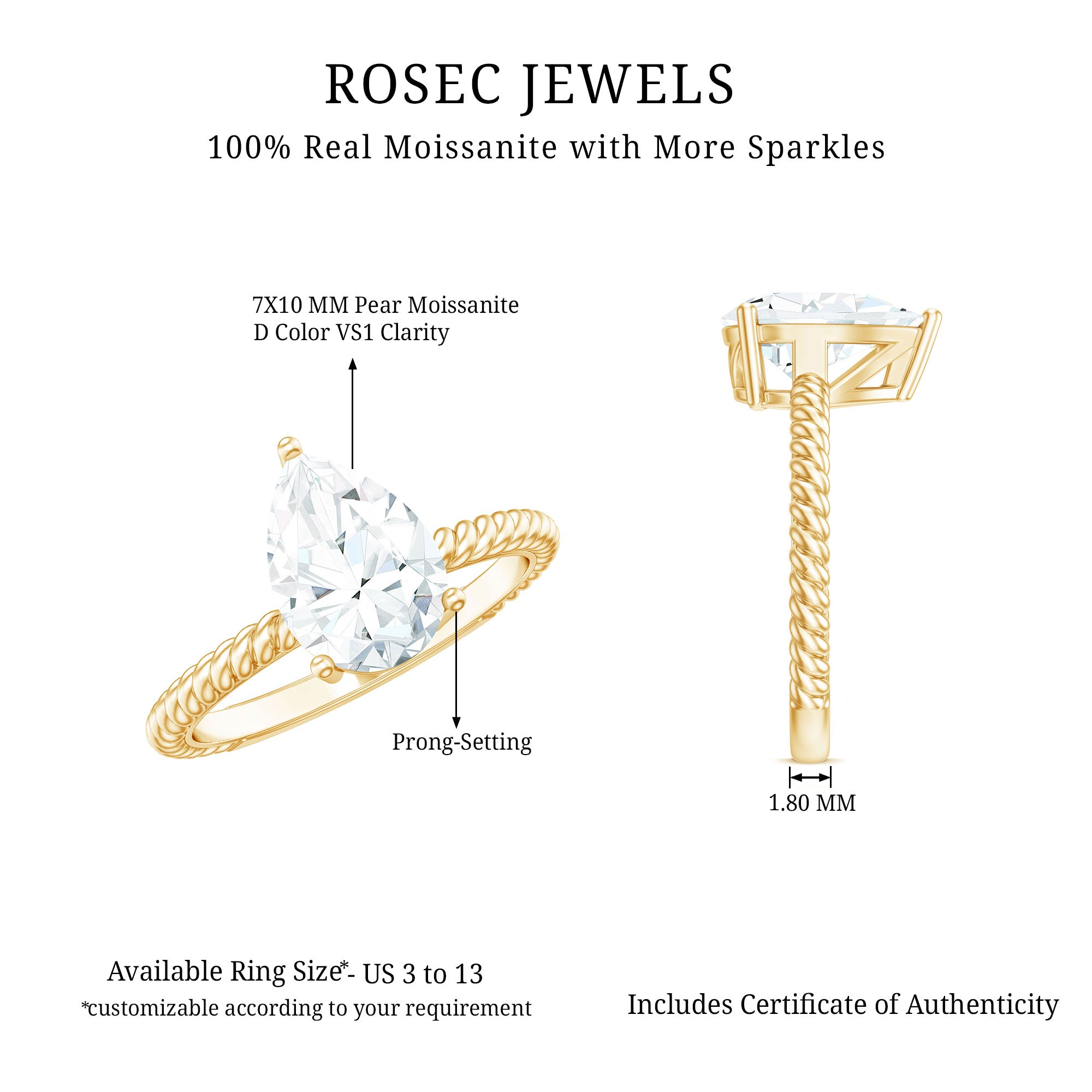 Brilliant Cut Solitaire Moissanite Pear Shaped Engagement Ring D-VS1 - Rosec Jewels