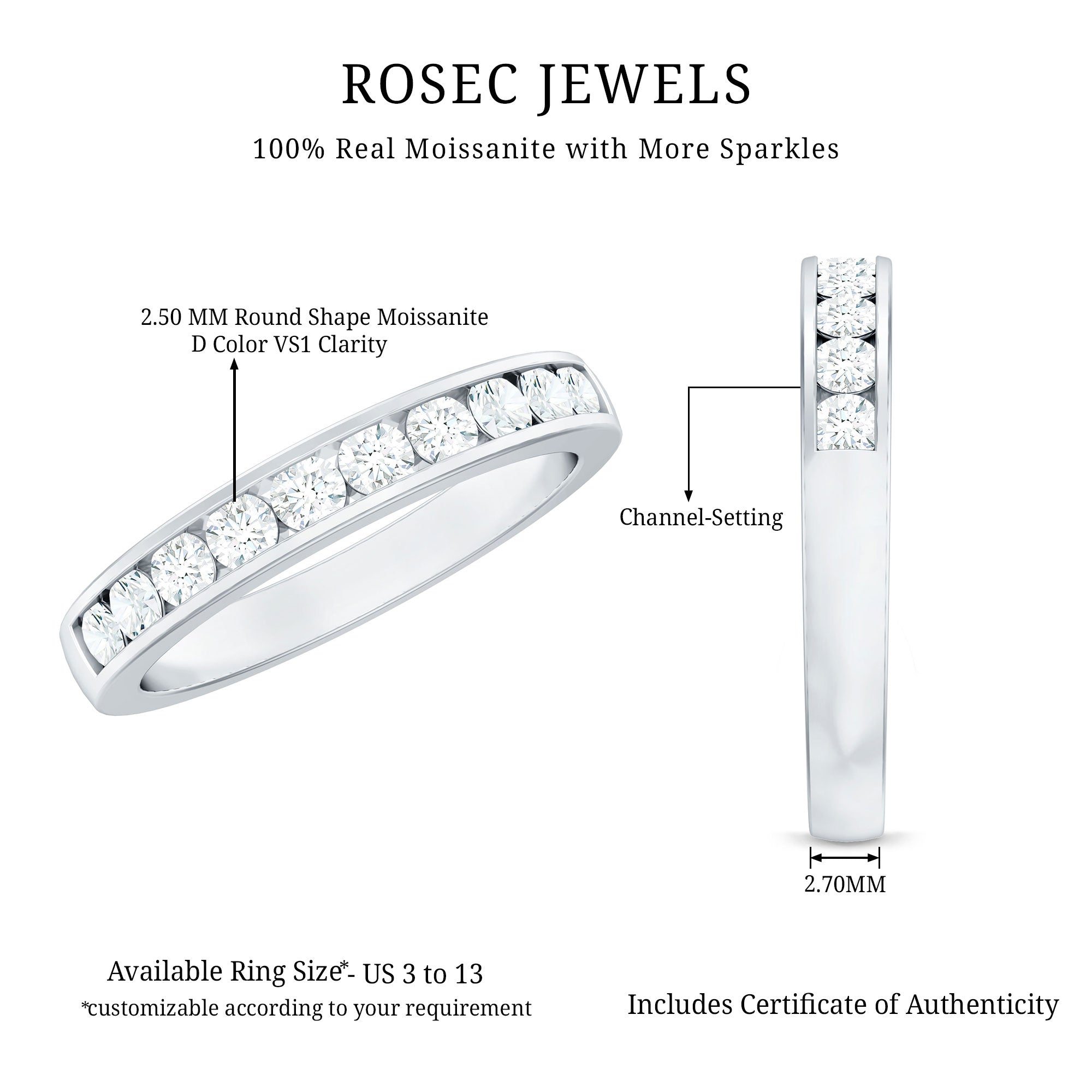 Channel Set Moissanite Half Eternity Band Ring D-VS1 - Rosec Jewels
