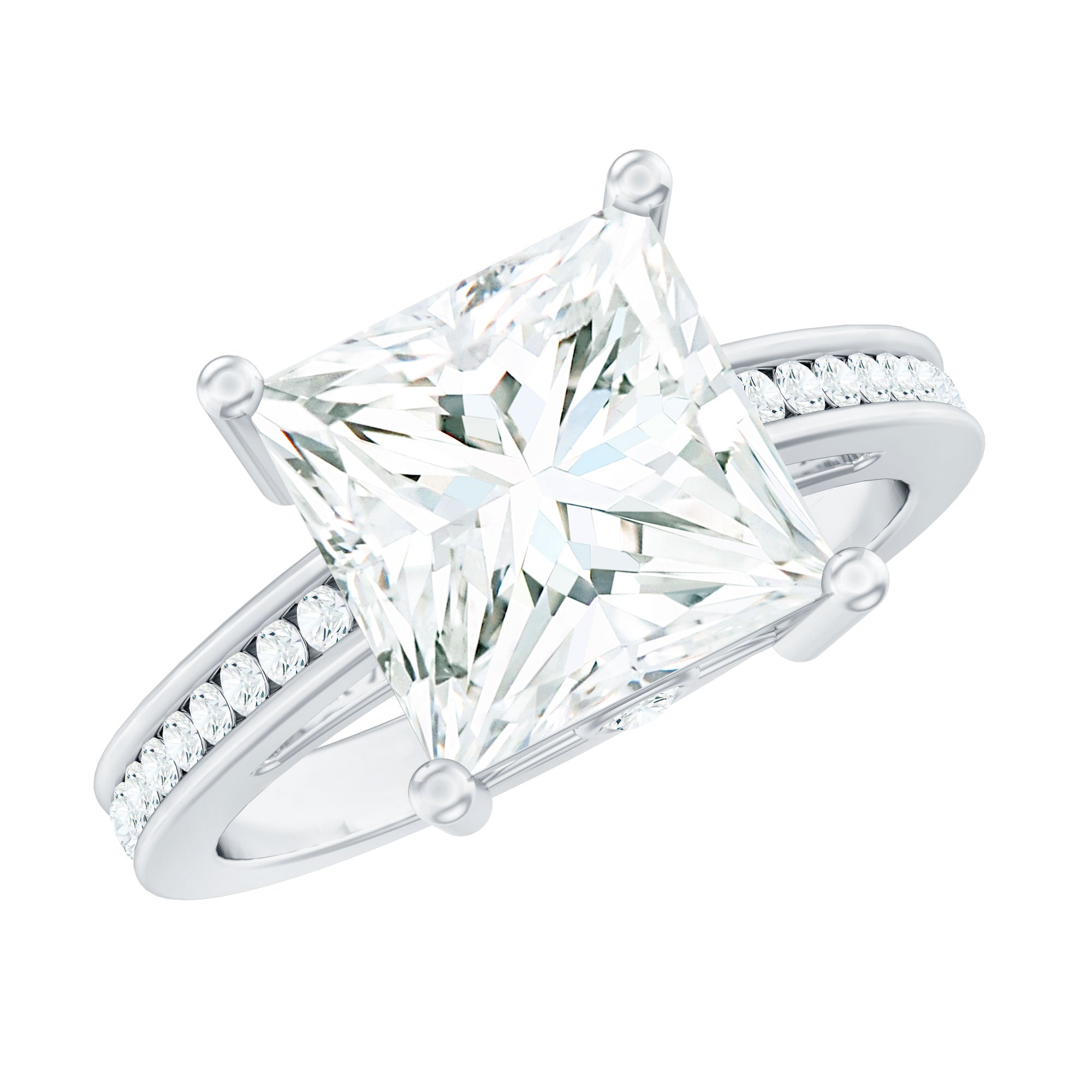 Solitaire Moissanite Princess Cut Engagement Ring with Side Stones