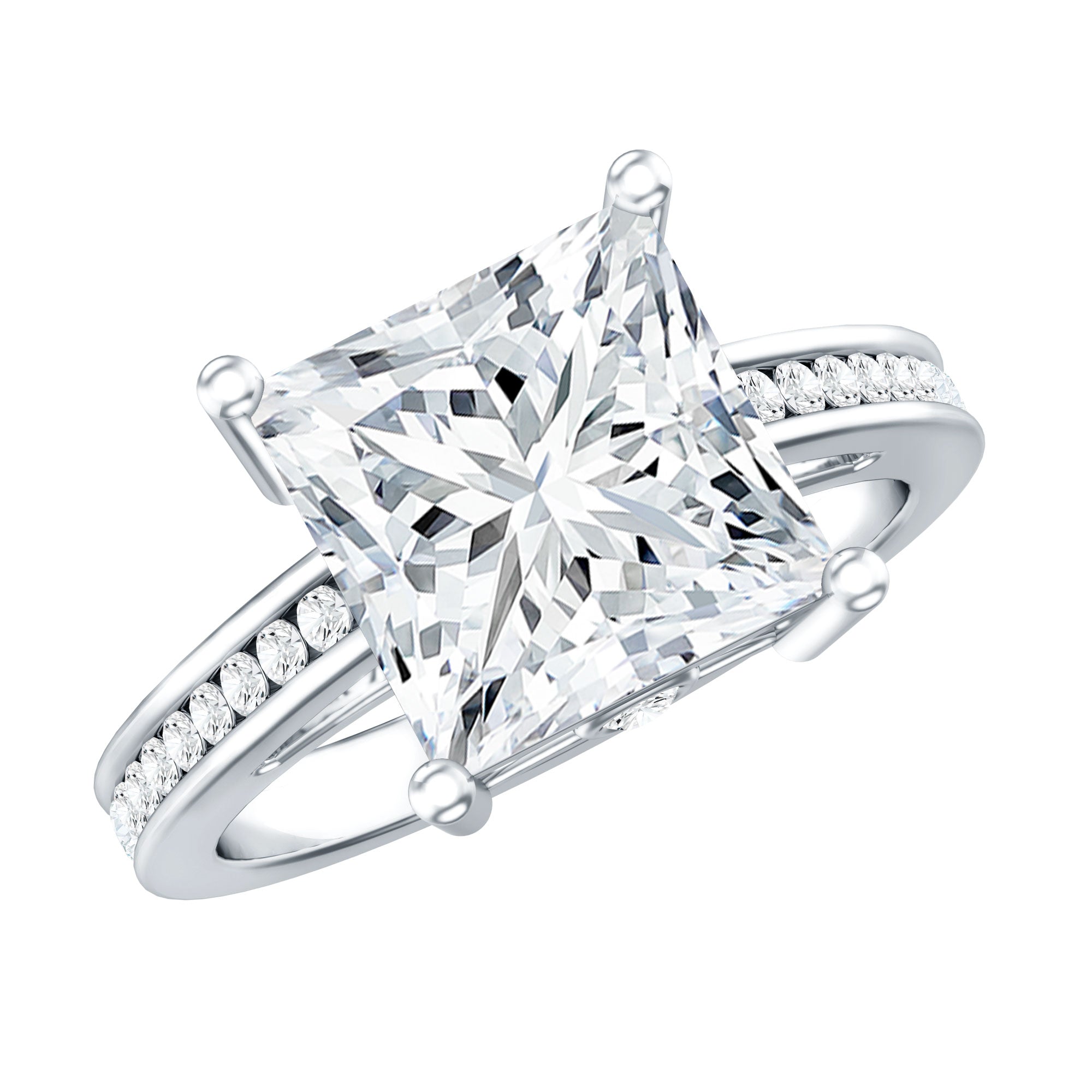 Solitaire Moissanite Princess Cut Engagement Ring with Side Stones D-VS1 - Rosec Jewels