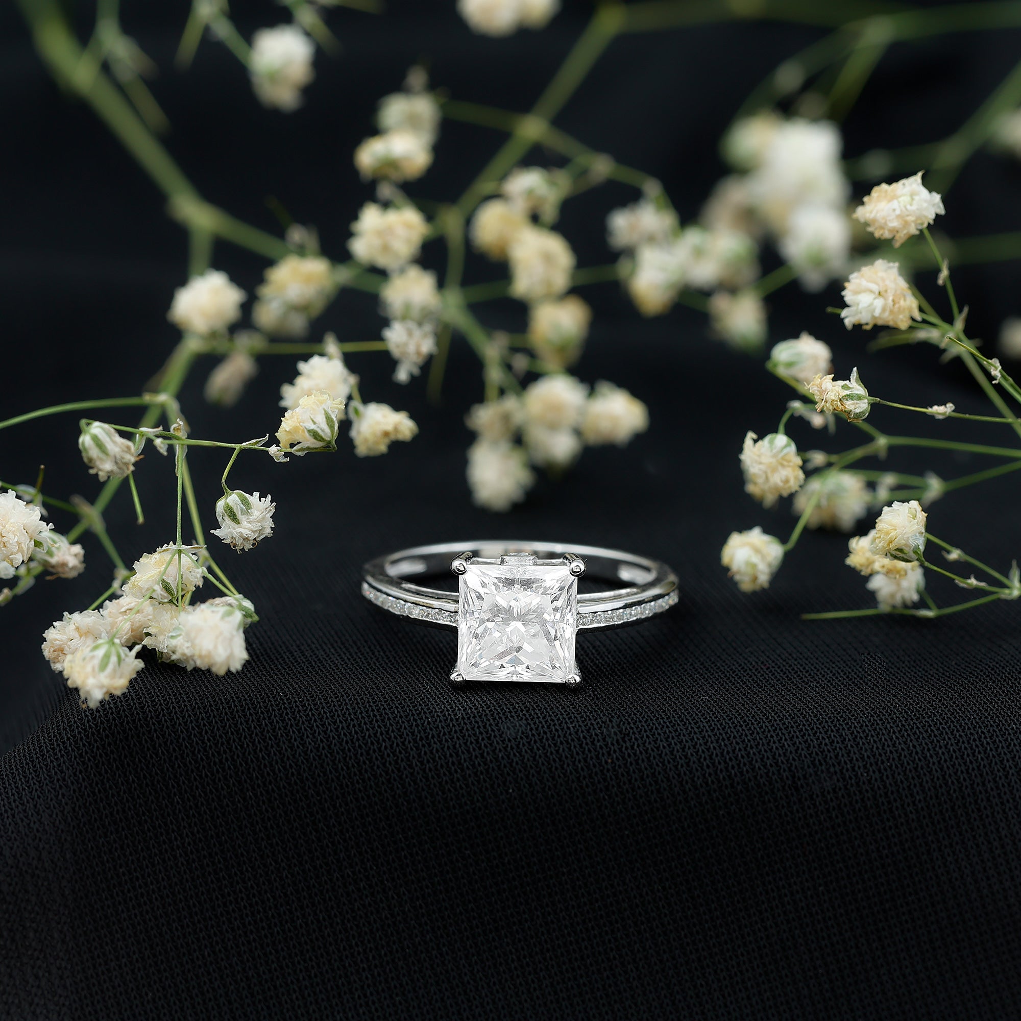 Solitaire Moissanite Princess Cut Engagement Ring with Side Stones D-VS1 - Rosec Jewels