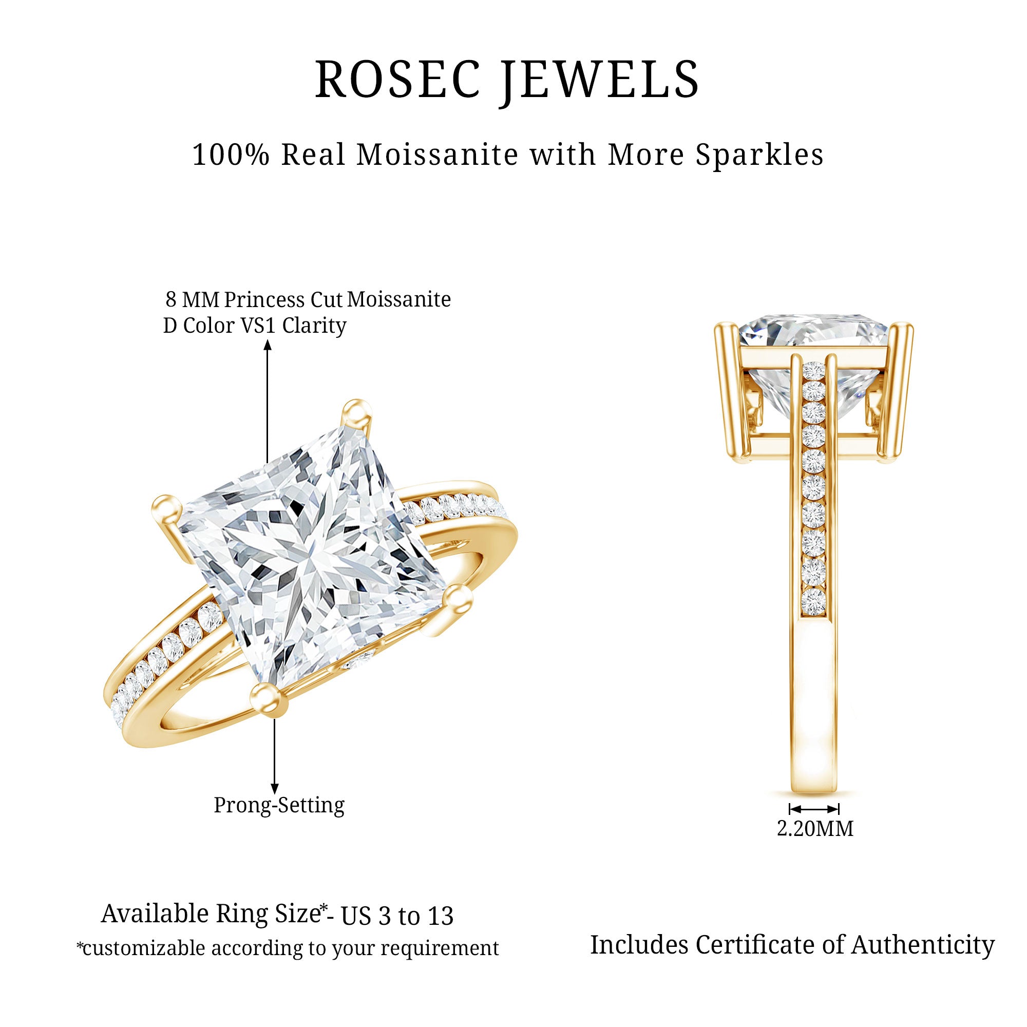 Solitaire Moissanite Princess Cut Engagement Ring with Side Stones D-VS1 - Rosec Jewels