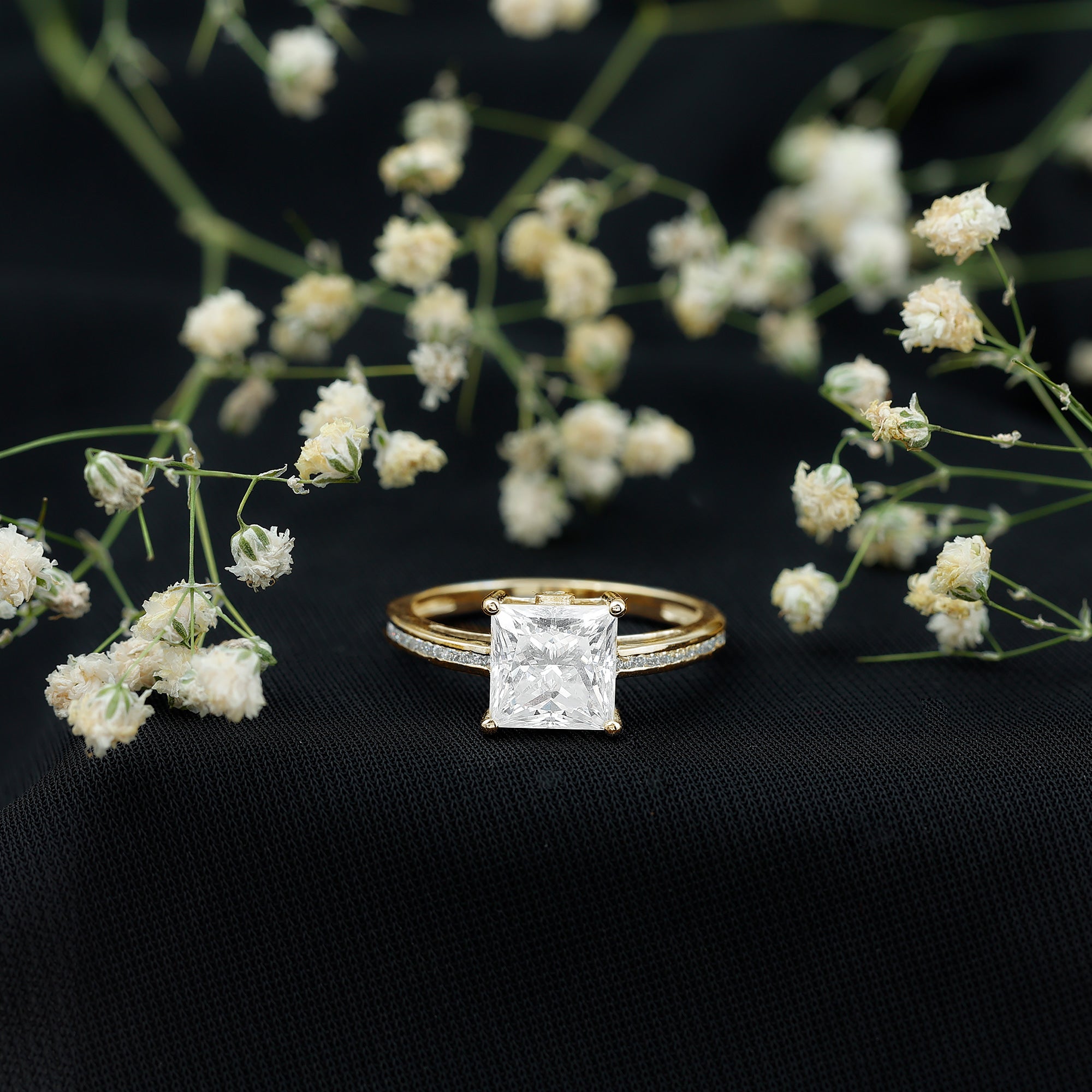 Solitaire Moissanite Princess Cut Engagement Ring with Side Stones D-VS1 - Rosec Jewels
