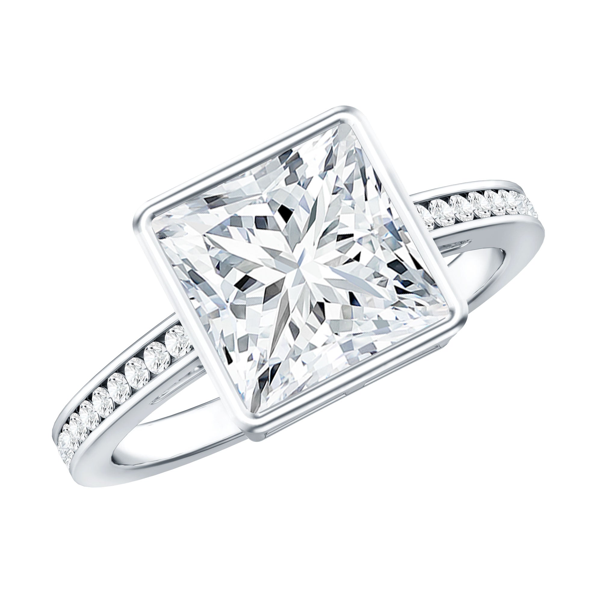 3 CT Moissanite Bezel Set Engagement Ring with Channel Set D-VS1 - Rosec Jewels