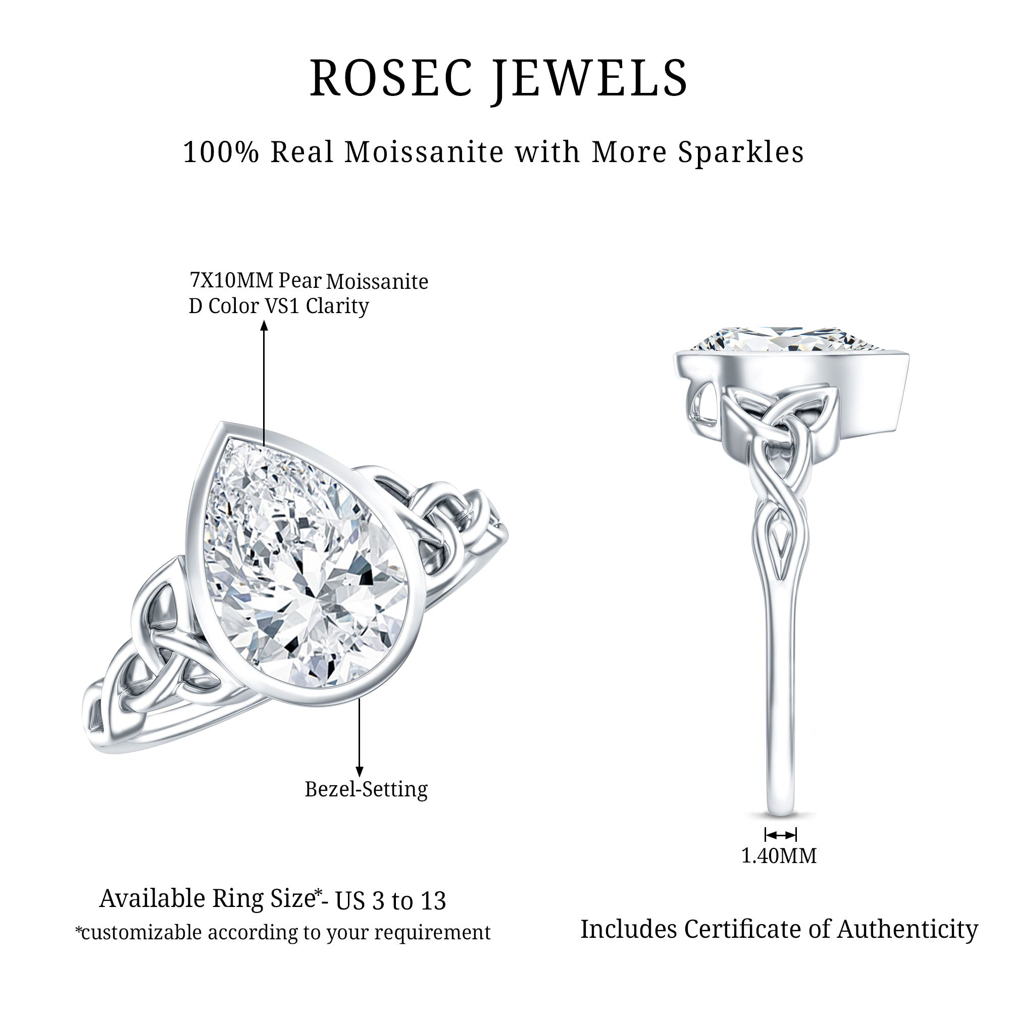 2.2 Carat Pear Shape Moissanite Celtic Knot Engagement Ring D-VS1 - Rosec Jewels