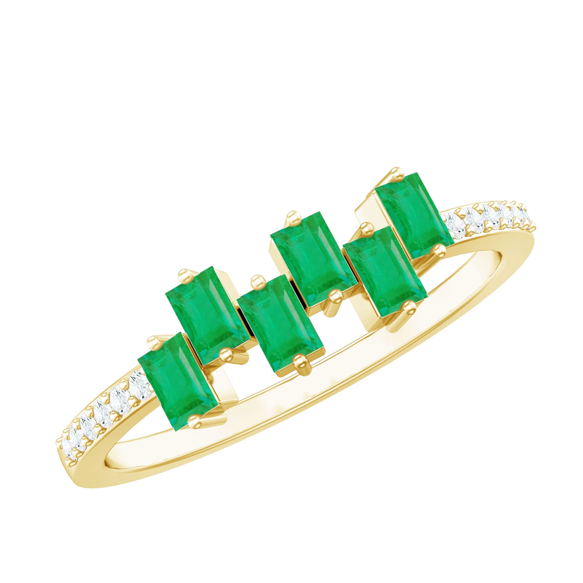 Baguette Cut Emerald Promise Ring with Diamond Side Stones AAA - Rosec Jewels