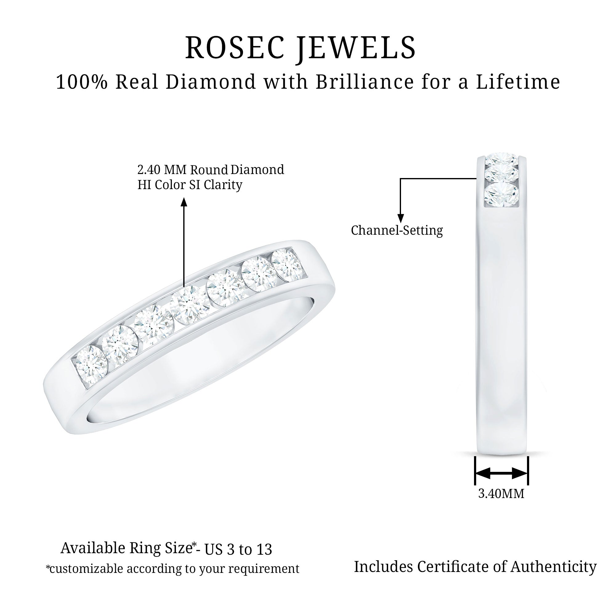 Diamond Seven Stone Band Ring in Channel Setting Natural - ( HI-SI ) - Rosec Jewels
